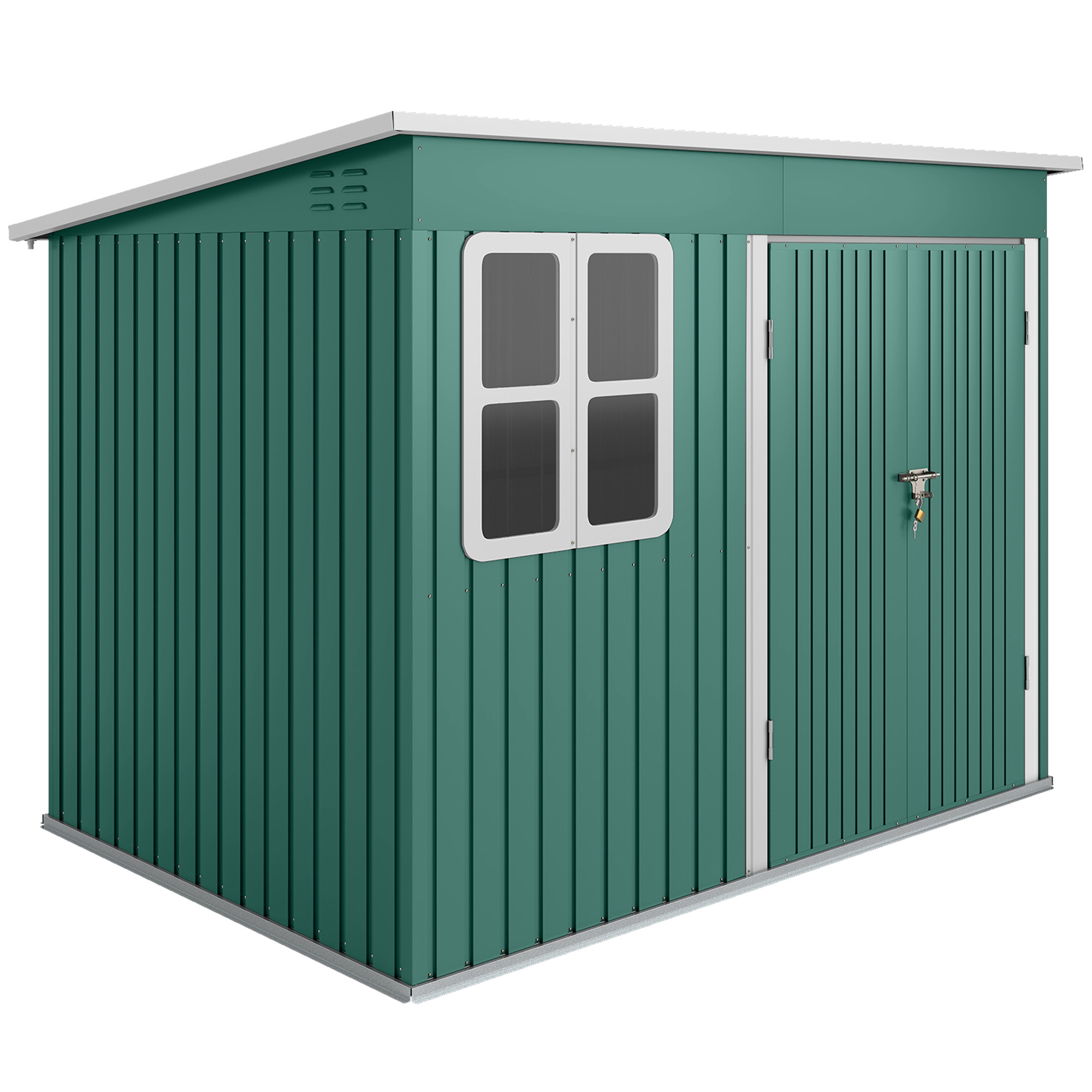 Outsunny Metall Gerätehaus 4,13 m² Geräteschuppen mit Fenster Pultdach Abschließbarer Breiter Tür Bodenrahmen 260 x 177 x 190 cm wetterfest Gartenhaus Outdoor Garten Schuppen für Außenbereich Grün   Aosom