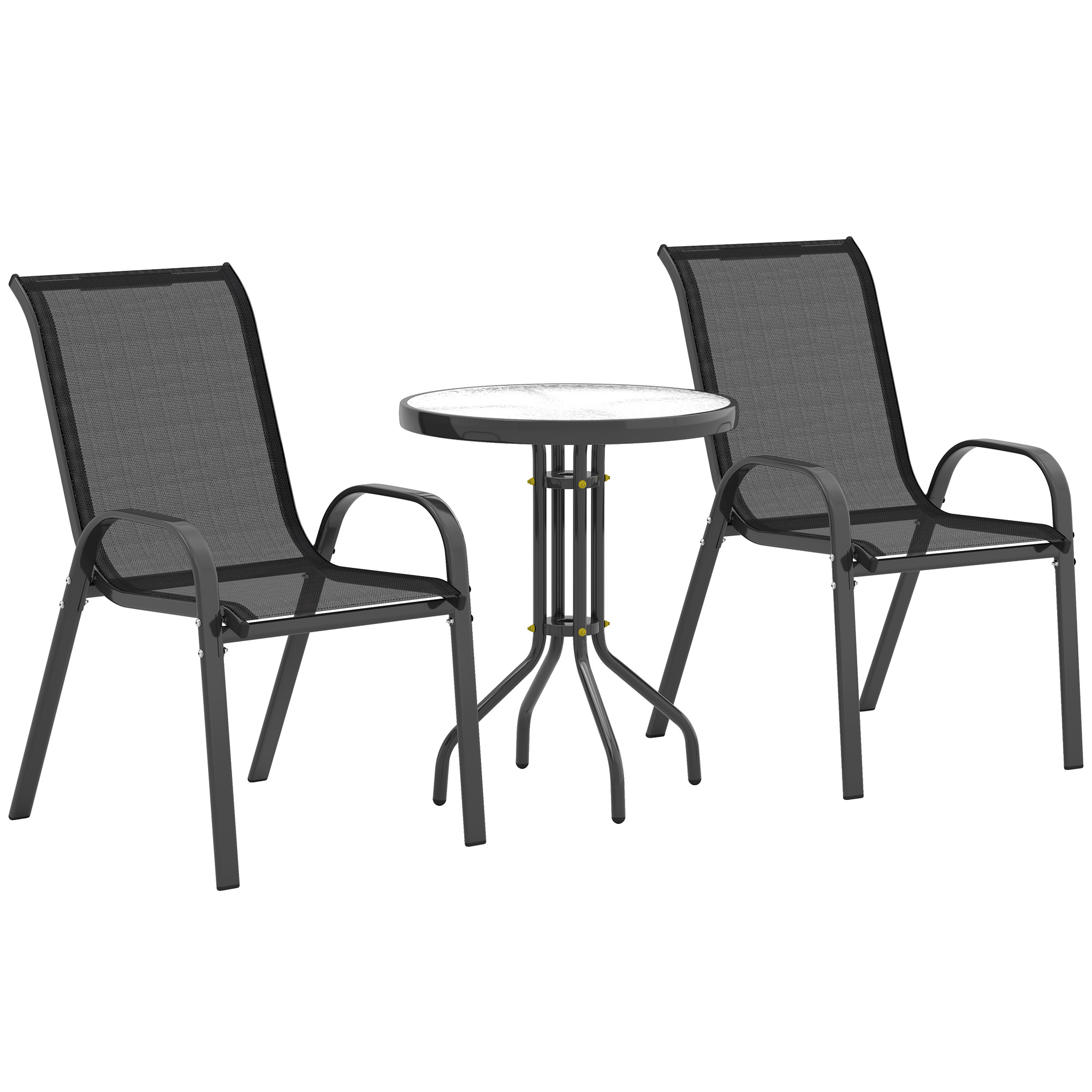 Outsunny Bistro-Set 3-teilig Wetterfest Gartenmöbel Set mit Glastisch Stapelbare Gartenstühlen Outdoor Balkonmöbel Set Sitzgruppe Balkonset Gartengarnitur Schwarz   Aosom