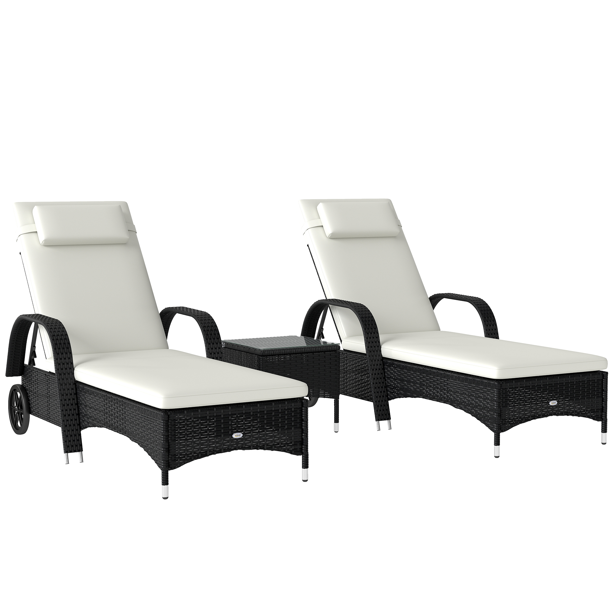 Outsunny Sonnenliege Gartenliege Tisch 3er-Set Gartenmöbel, Polyrattan+Metall Schwarz+Cremeweiß   Aosom