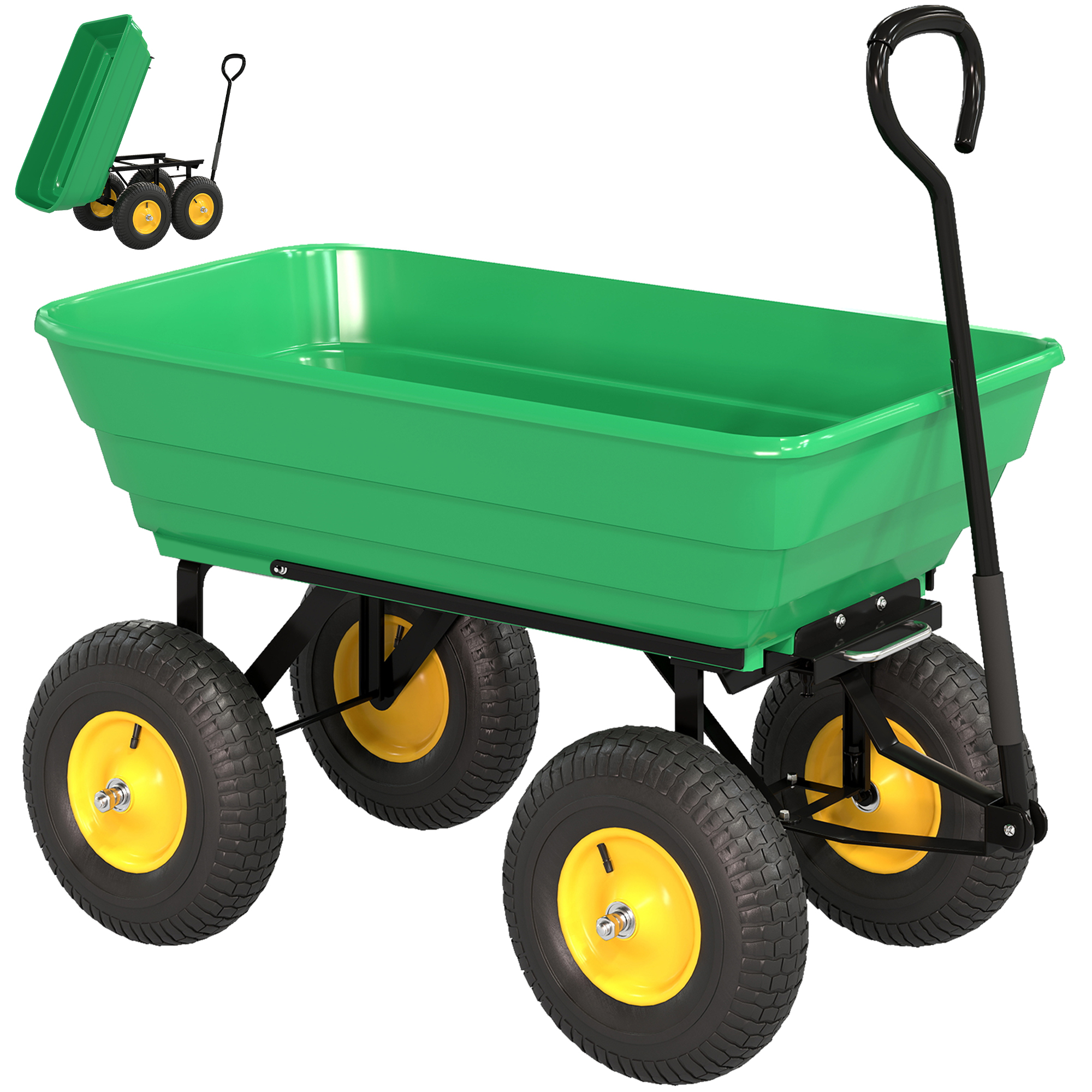 Outsunny Gartenwagen mit Kippfunktion bis 200 kg Handwagen mit 75 Liter Kunststoffwanne Ziehgriff Luftbereifung, Bollerwagen Transportwagen Gartenkarre Dumper für Gartenarbeit Rasen Dunkelgrün   Aosom