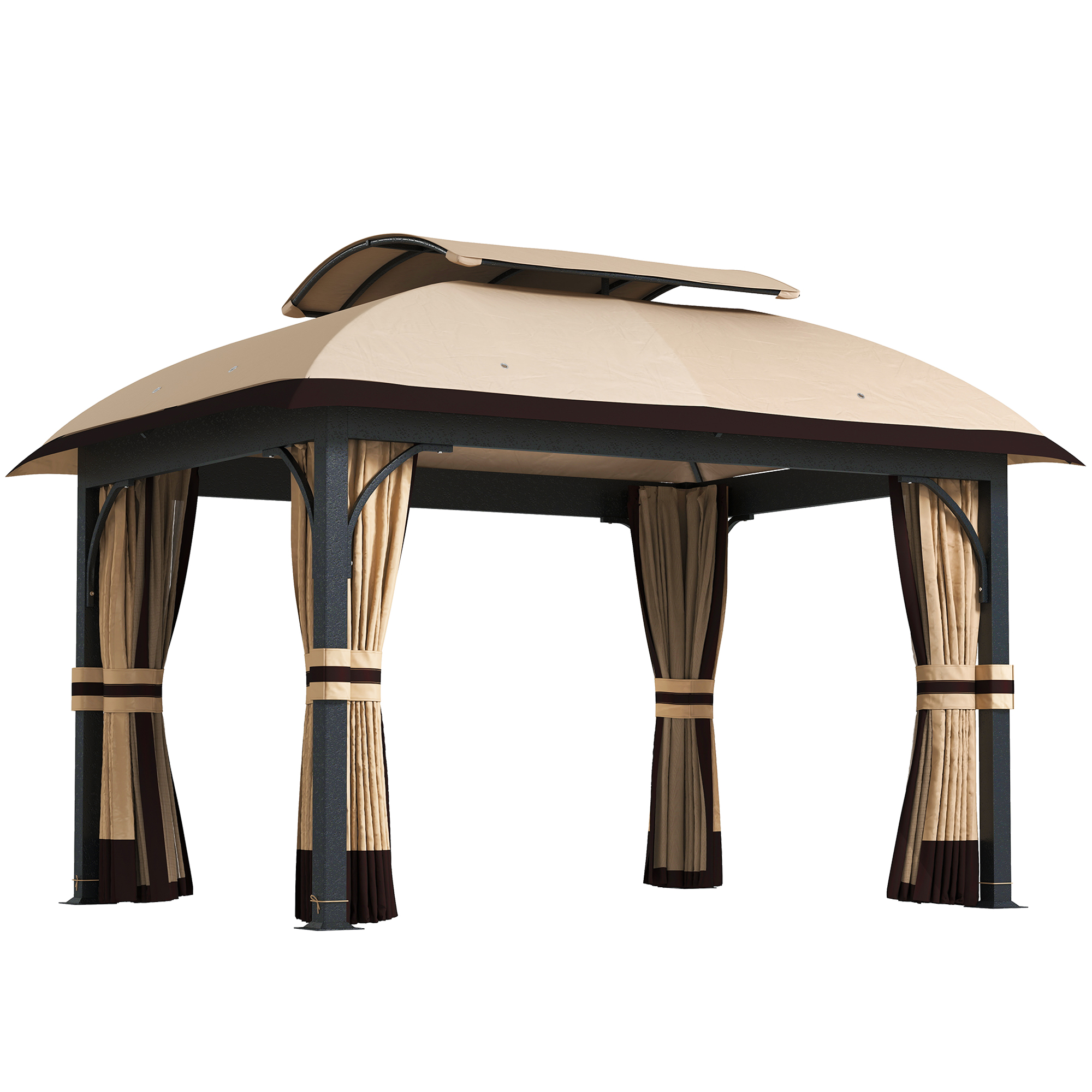 Outsunny Pavillon mit Doppeldach, 4x3,3 m Wasserabweisend Stabil Winterfest Gartenpavillon mit Moskitonetz, Seitenteile, Garten-Pavillon aus verzinktem Metall, für Garten, Terrasse, Khaki Aosom