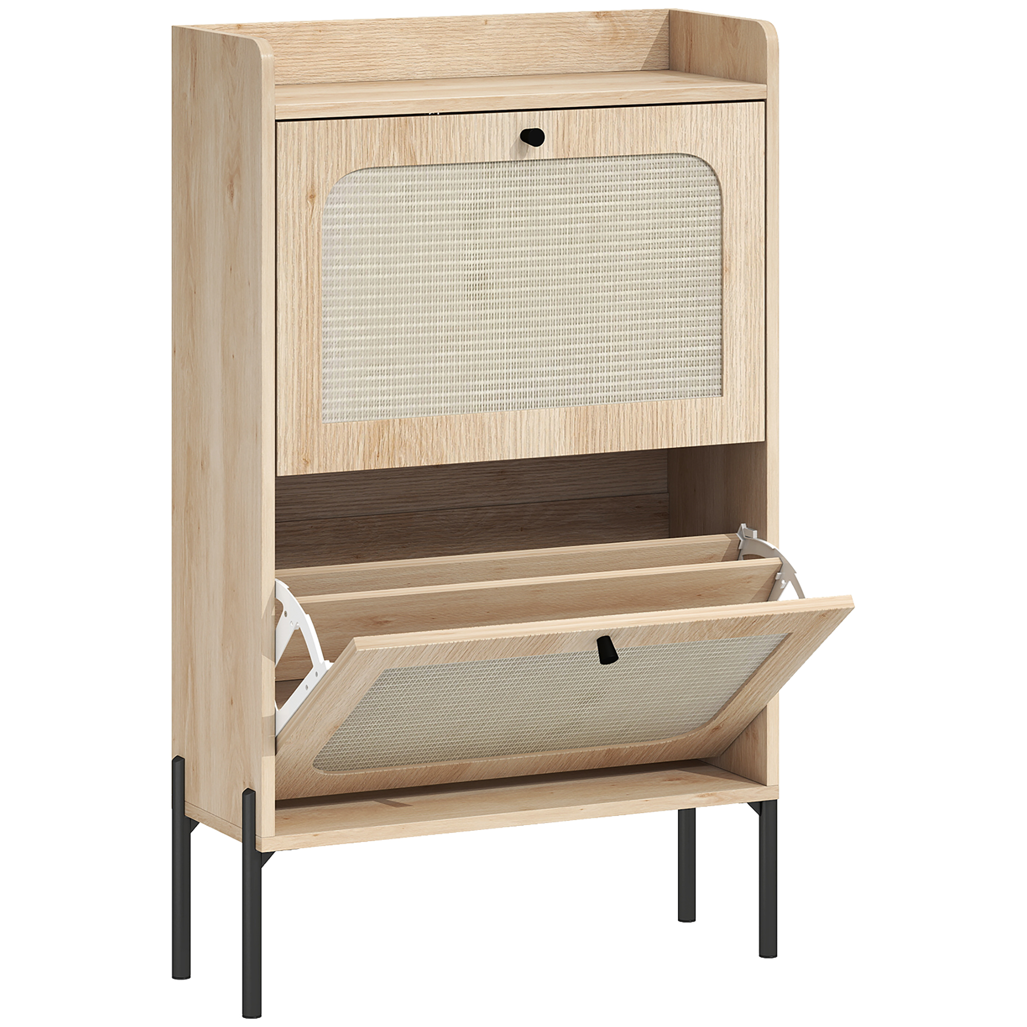 HOMCOM Schuhschrank für 12 Paar, schmaler Schuhschrank mit 2 klappbaren Schubladen, Rattanfronten und verstellbaren Einlegeböden, Boho-Stil, für Flur und Eingangsbereich, 60x23,7x99,5cm, Eiche   Aosom