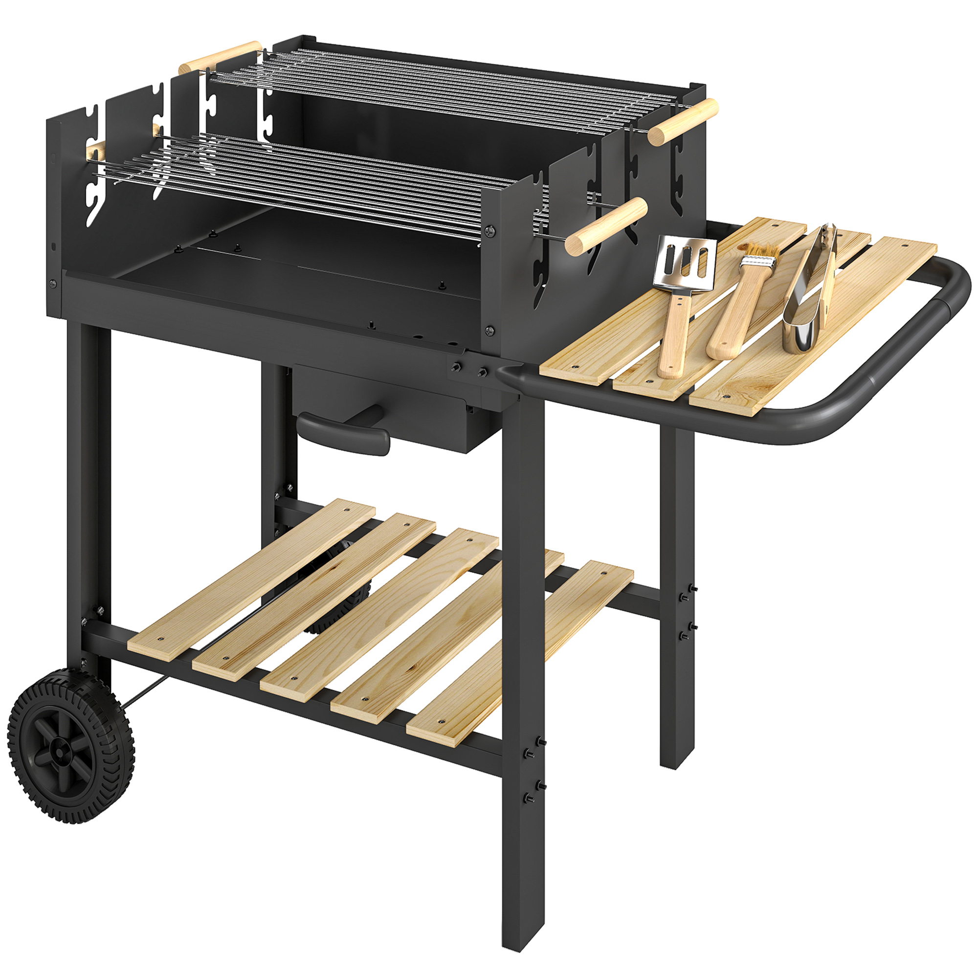 Outsunny Holzkohlegrill Grillwagen mit 4-fach höhenverstellbarer Grillrost 2 Holzablage 2 Räder Aschebehälter, fahrbar Holzkohle Grill 10 Personen für Terrasse Picknick Party 99,5 x 58 x 82 cm Schwarz   Aosom