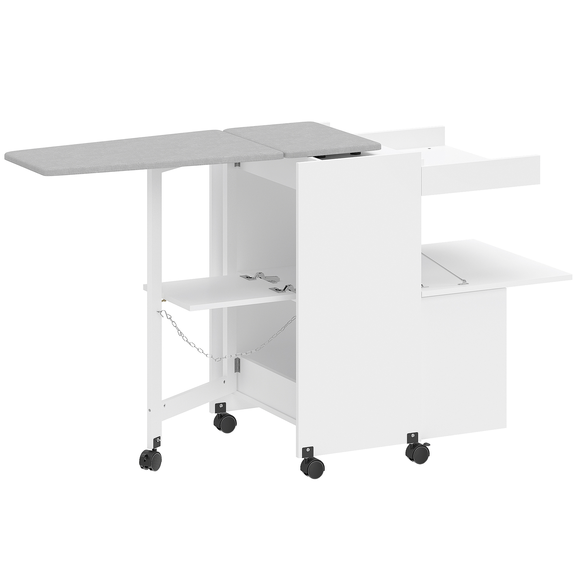 HOMCOM Bügelmöbel, klappbares Bügelbrett auf Rollen mit Bügeleisenablage, Drucköffnungstüren, Soft-Close-Scharniere, Aufbewahrungslösung für kleine Räume, Hauswirtschaftsraum, 154x55x87cm, weiß   Aosom