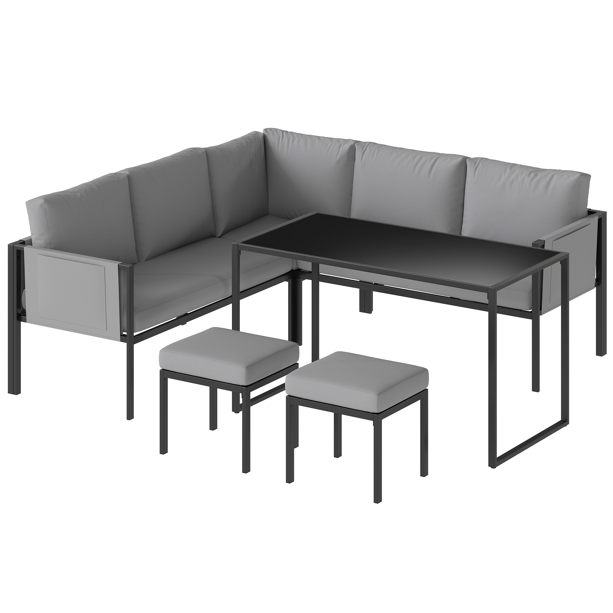 Outsunny Gartenlounge 6-teilig Ecksofa Außen - Gartenmöbel-Set mit 10 cm Polstern, hohem Tisch und 2 Fußhockern - Terrassenmöbel für 7 Personen Stahl und Textilene, Grau   Aosom
