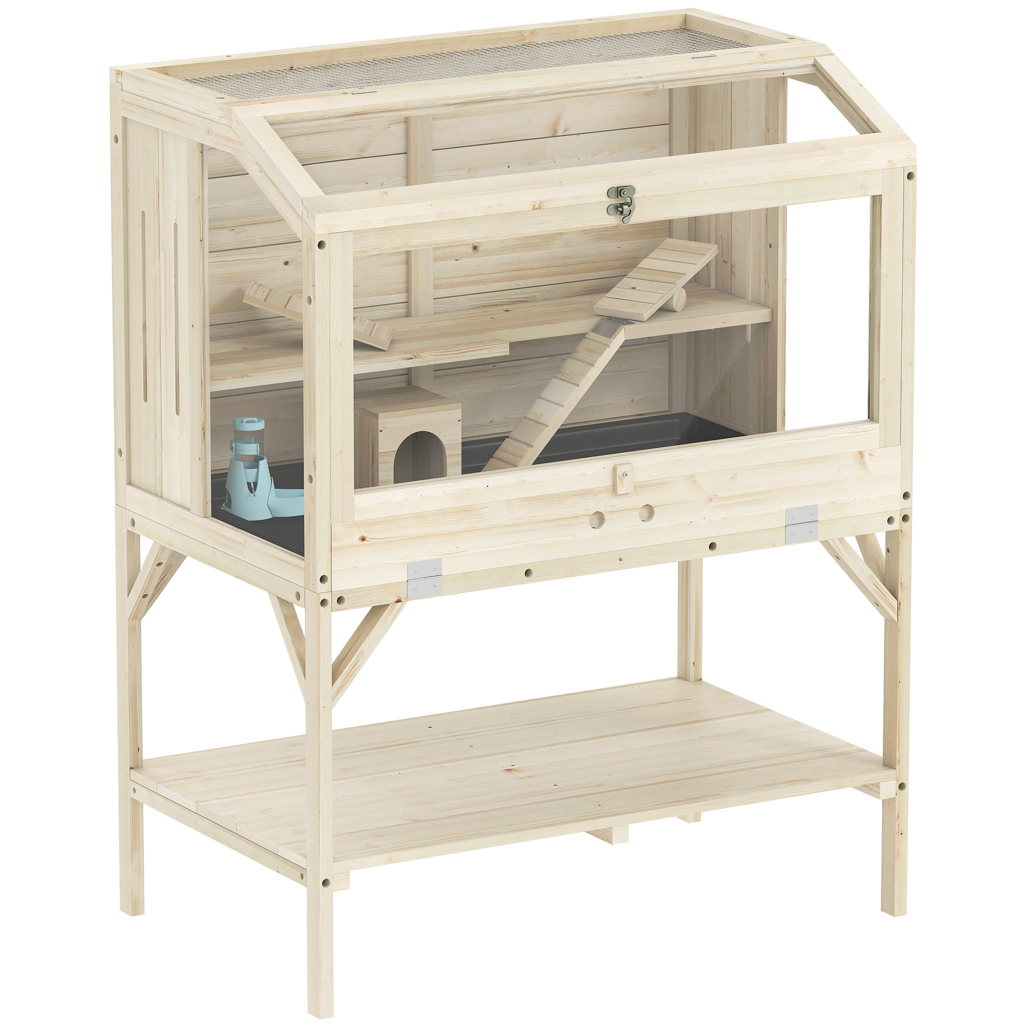 PawHut Hamsterkäfig aus Holz 2 Etagen mit Ablagefach, zu öffnendem Deckel, Tablett, Wippen, Rampe, Nagarium, Kleintierkäfig mit Laufrad und Hütte, 84 x 53 x 110 cm, Natur   Aosom