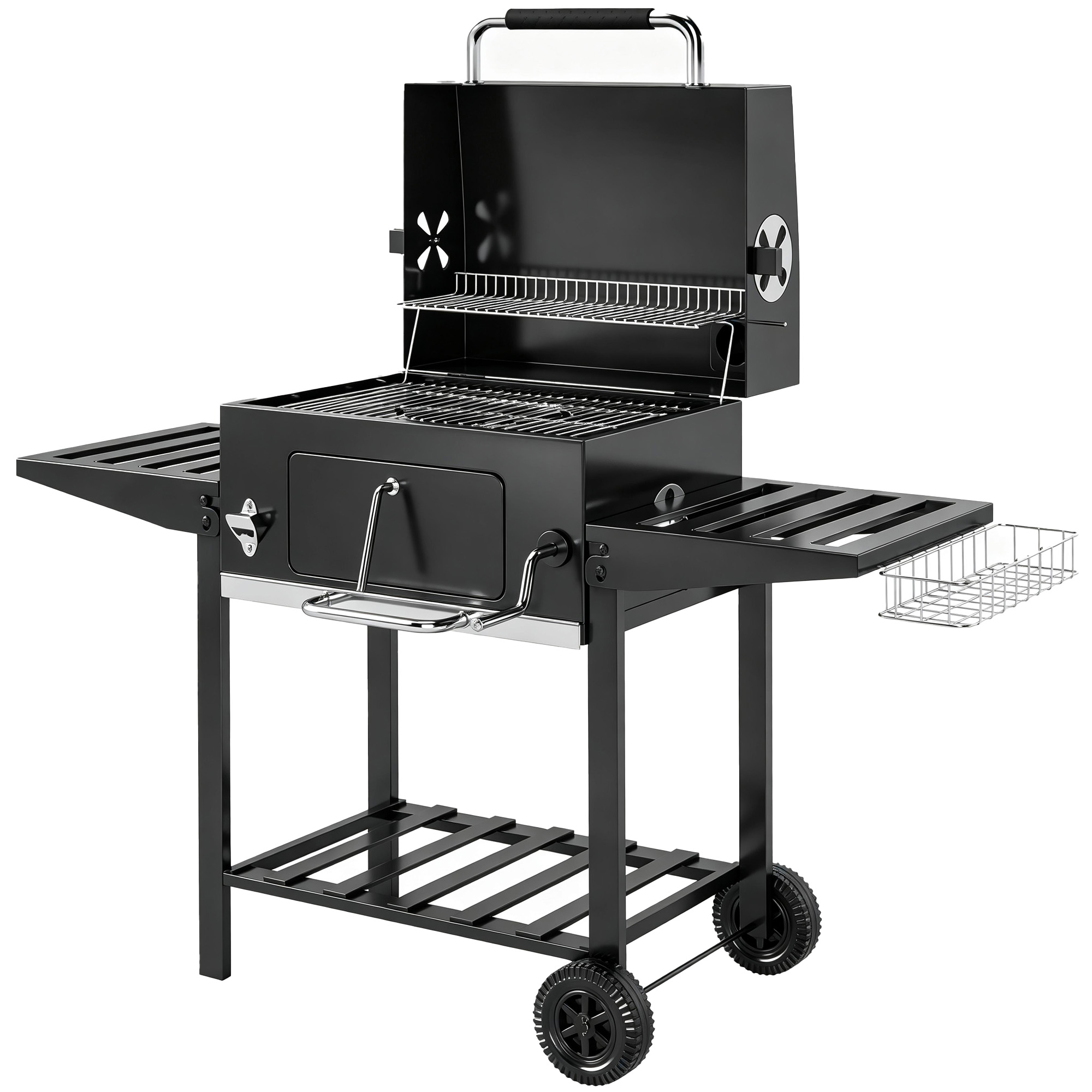 Outsunny Holzkohlegrill mit Rost, verstellbarer Kohleschale, mobiler BBQ-Wagen mit Deckel, klappbare Ablagen, Thermometer, Korb, Haken, Räder, für Camping, Schwarz   Aosom