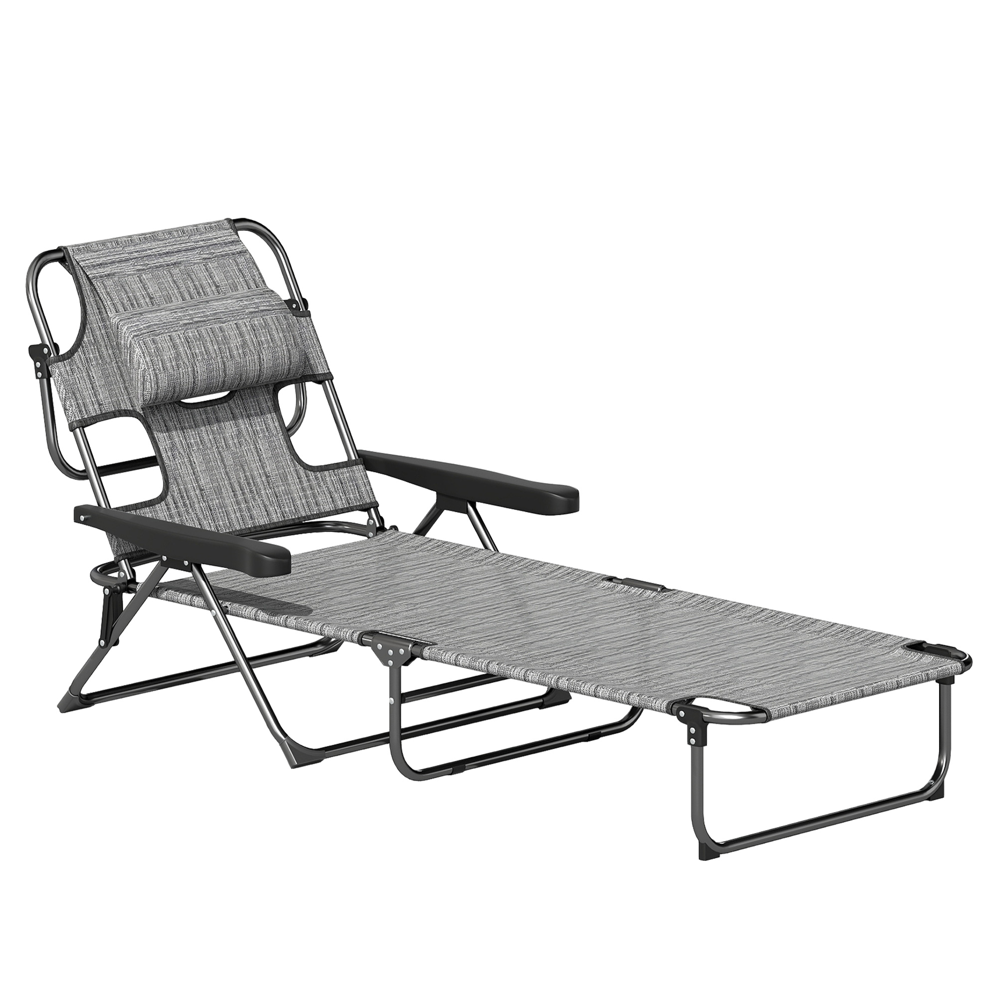 Outsunny Transat Gartenliege faltbar mit 4-fach verstellbarer Rückenlehne, Leseloch und Kopfkissen für Garten, Pool, Terrasse 72L x 194B x 31H cm Grau   Aosom