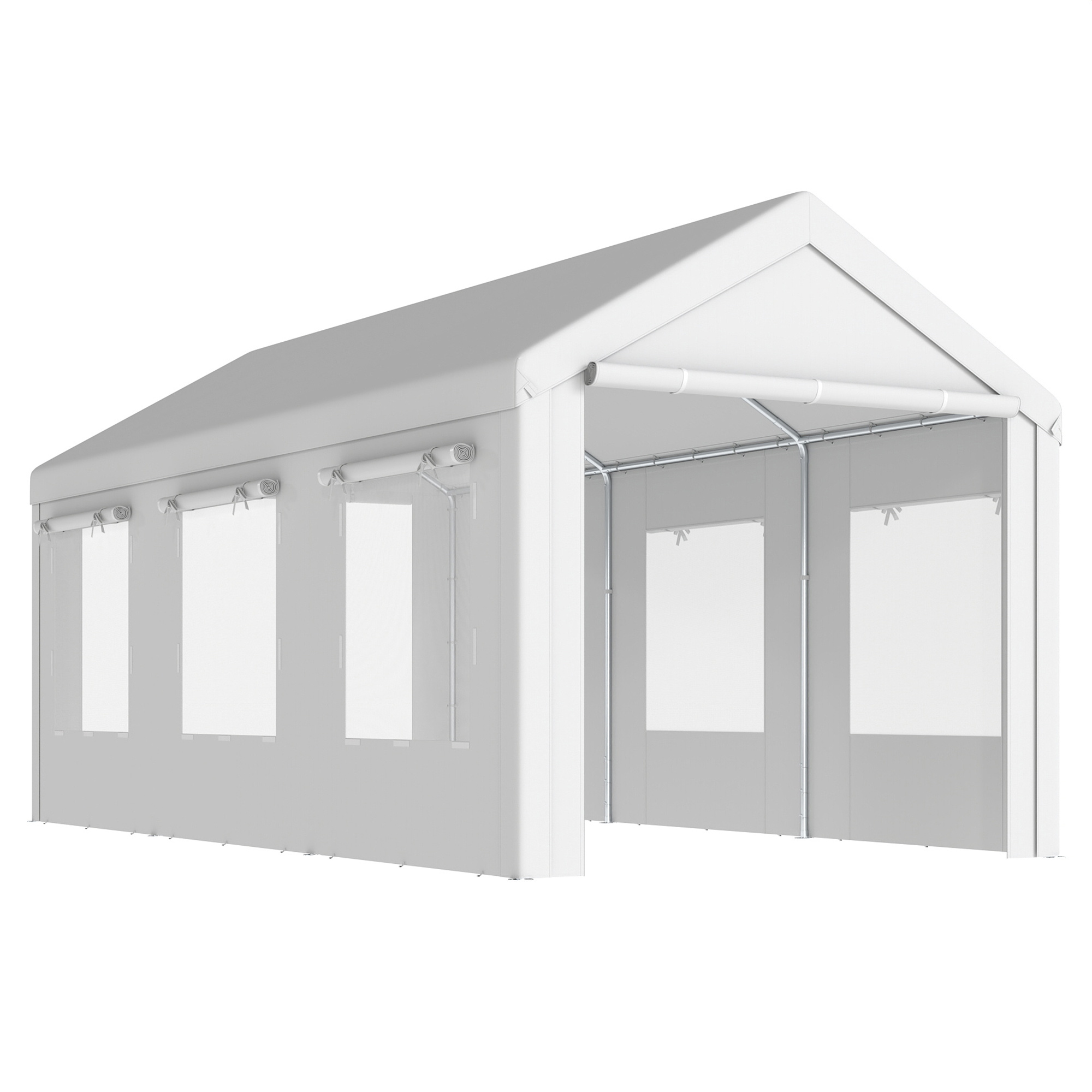 Outsunny Carport 3 x 6 m, robuster Unterstand mit verstellbarer Höhe, 2 Rolltüren, 6 Netzfenstern, verzinkter Rahmen für Fahrzeuge, Weiß   Aosom