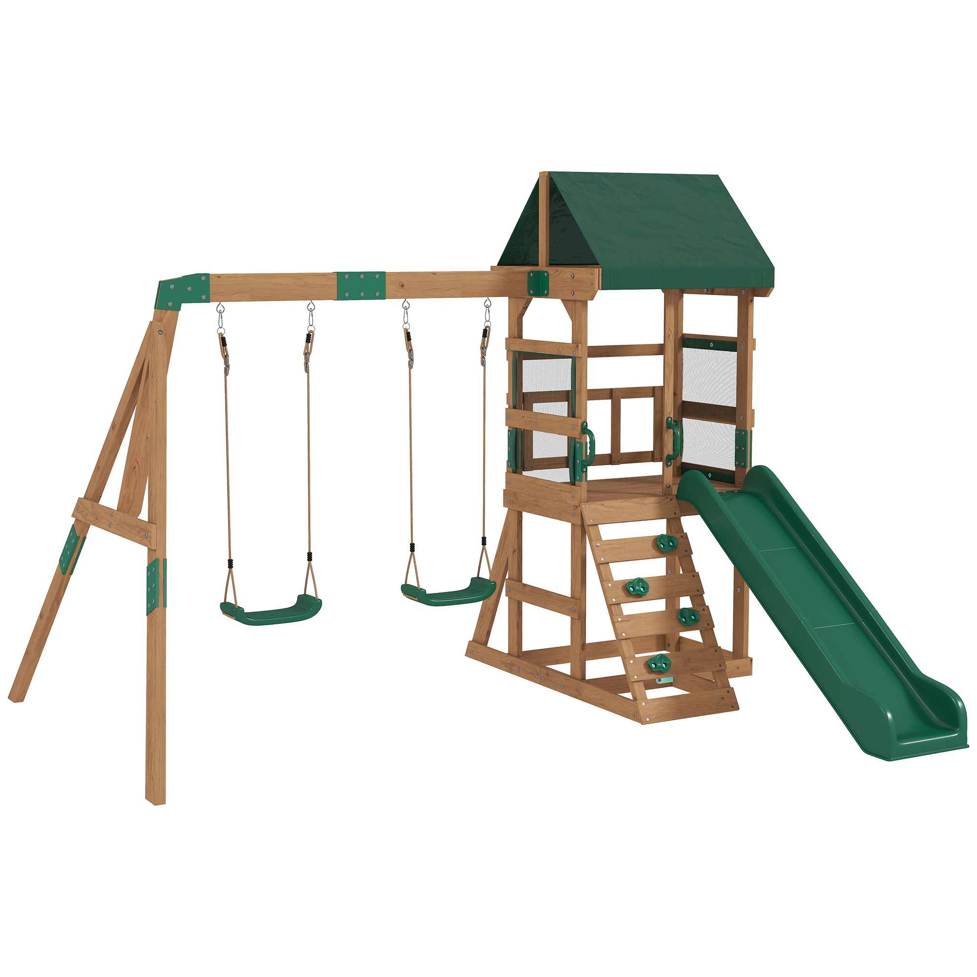 AIYAPLAY Spielturm Klettergerüst Schaukelgestell mit 194,5cm Rutsche, 2 Schaukeln, Kletterwand, überdachtem Oberdeck Outdoor Kinder Kletterturm aus Holz Spielhaus für 3-8 Jahre Kinder 315x284x233 cm Aosom