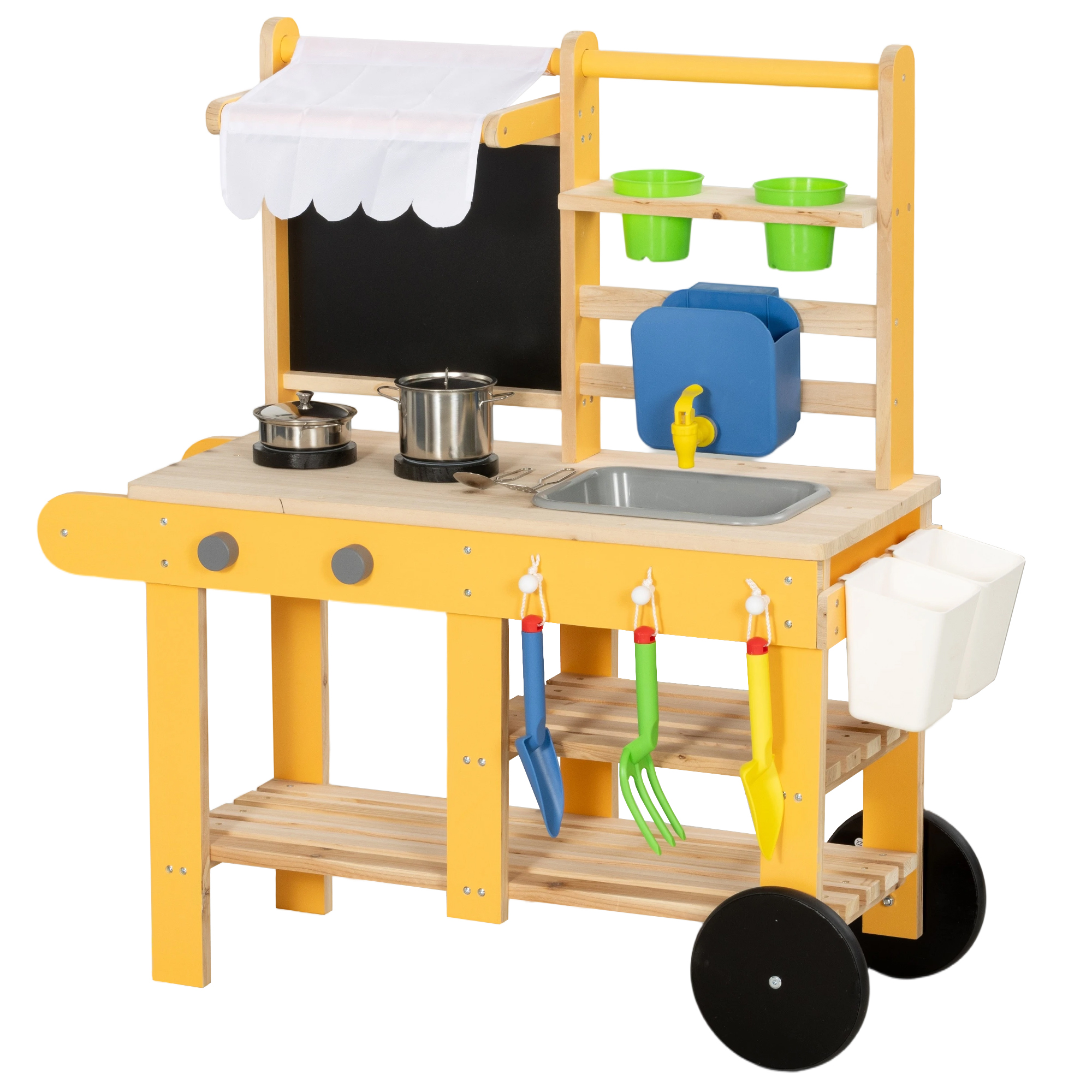 AIYAPLAY Außen-Spielküche mit Rollen, Kinderküche aus Holz mit echtem Wasser, Spüle, Herd, Ablagen, Blumentöpfe, Tafel und 15 Zubehörteilen, 84,2x34,4x90 cm, Gelb   Aosom