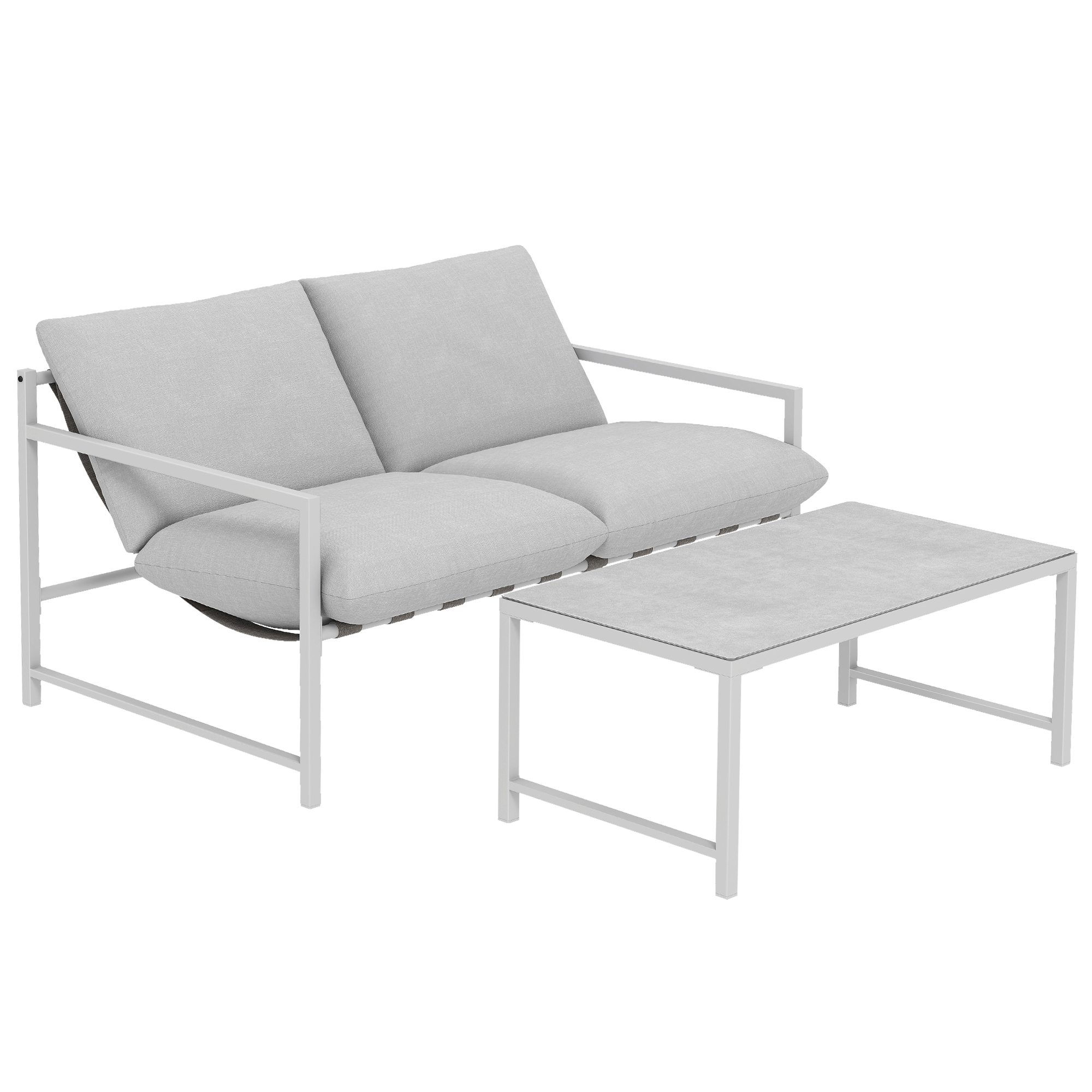 Outsunny 2-teiliges Garten-Lounge-Set, 2-Sitzer-Sofa mit 2 Kissen und Couchtisch mit 3D-marmorierter gehärteter Glasplatte, Gartenmöbel für Terrasse Balkon Garten, Stahl, Hellgrau   Aosom