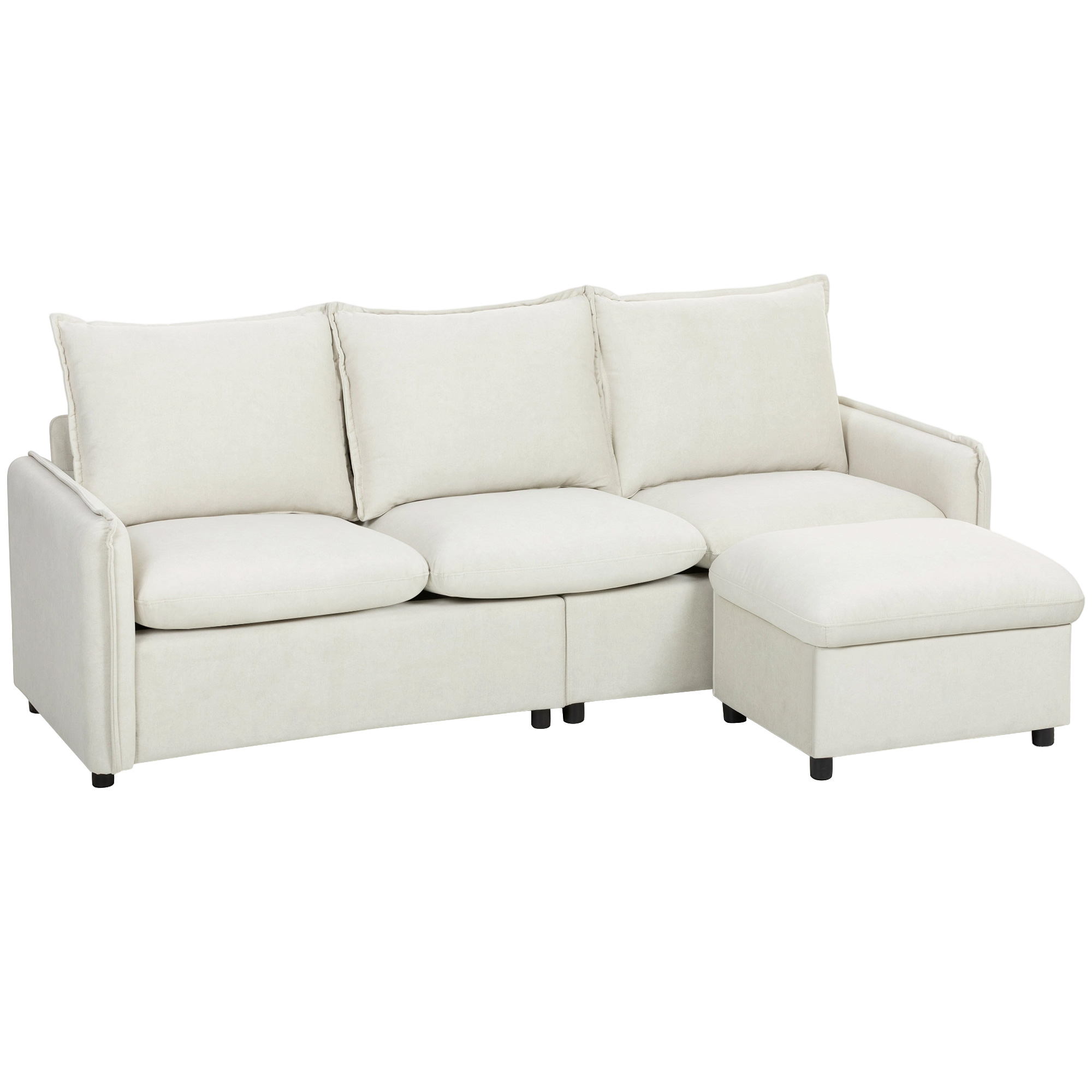 HOMCOM Ecksofa 3‑Sitzer Modulares L‑Sofa aus atmungsaktivem Lederoptik‑Stoff 212x125x84 cm mit Stauraum, abnehmbarem Hocker und Kissen, Wendbares L‑Sofa für Wohnzimmer, Creme Aosom