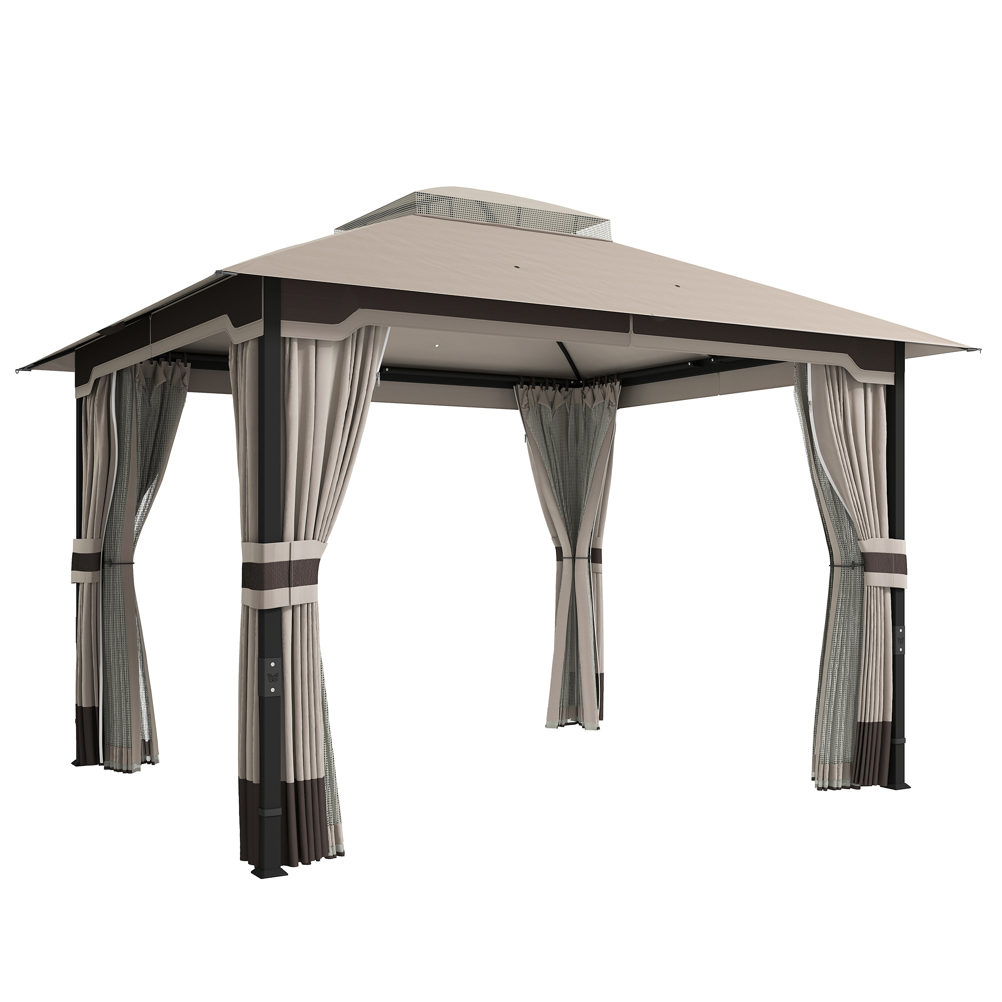 Outsunny Pavillon 3,6x3 m Wasserabweisend Stabil Winterfest Gartenpavillon mit Doppeldach Moskitonetz Seitenteile Abflusslöcher, Garten Pavillon aus Metall, Pavillon für Garten, Terrasse, Khaki   Aosom