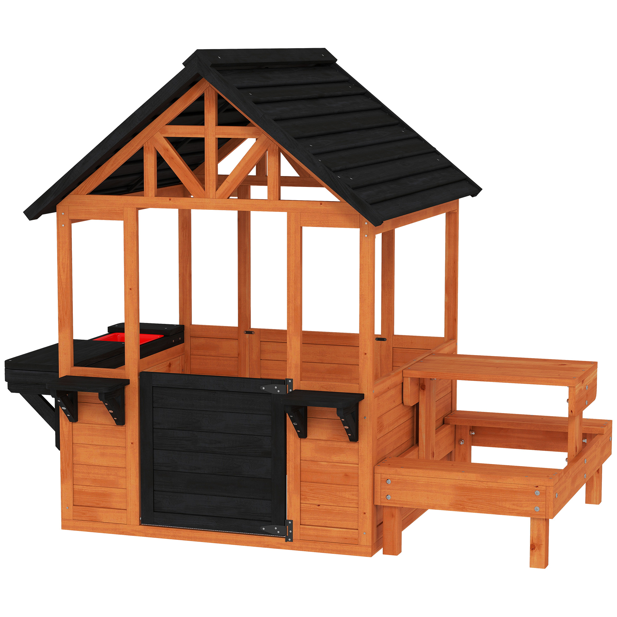 AIYAPLAY Spielhaus Outdoor Kinderspielhaus aus Holz mit Tisch Bank Spülstation Fenster Tür Blumenkastenhalter Gartenhaus für Jungen und Mädchen 3-8 Jahre für Outdoor & Indoor Hellbraun   Aosom