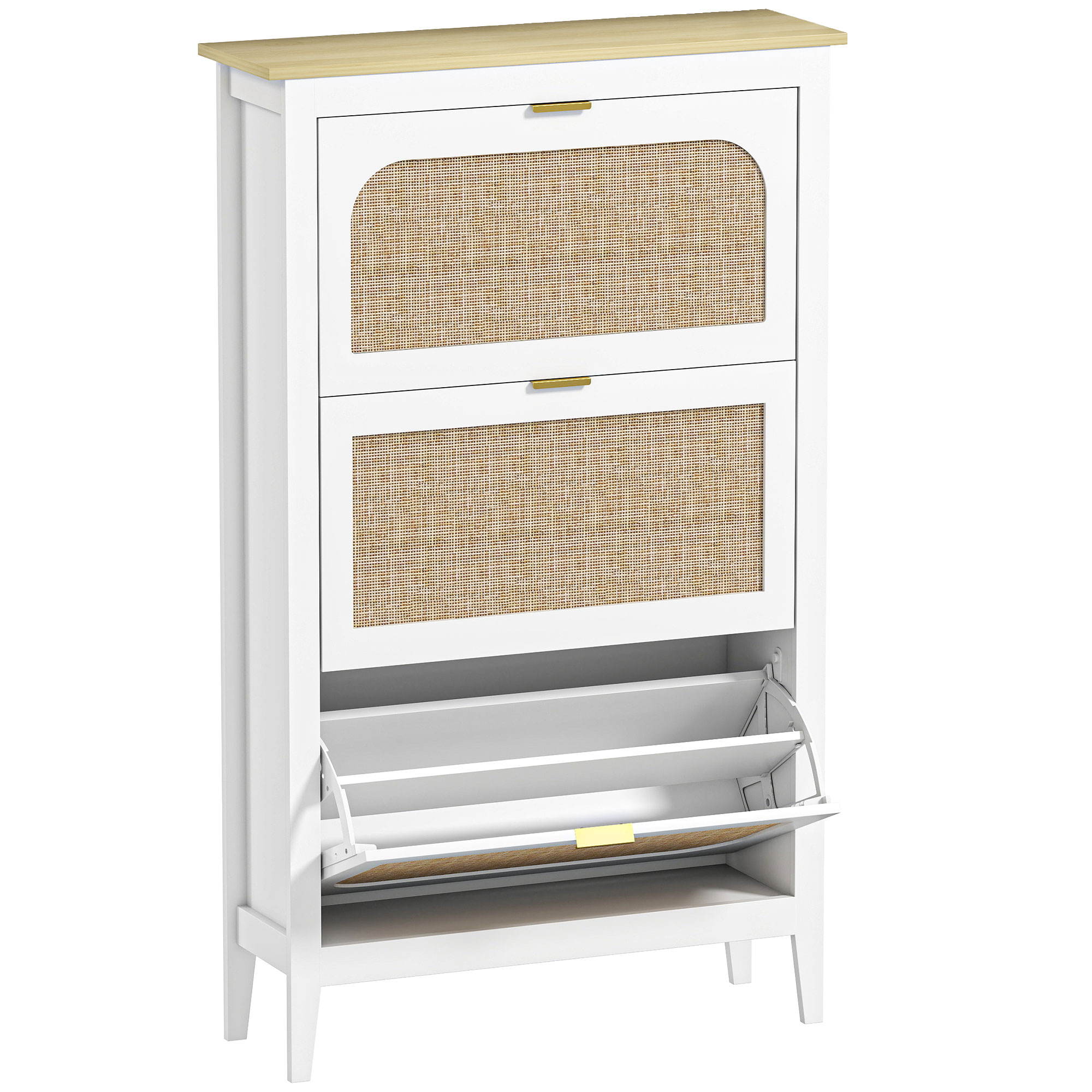 HOMCOM Schuhschrank für 21 Paar Schuhe, schmaler bohème Schuhschrank mit 3 klappbaren Schubladen, Rattantüren und verstellbaren Regalen, für Flur und Eingang, 80x24x131cm, Weiß   Aosom