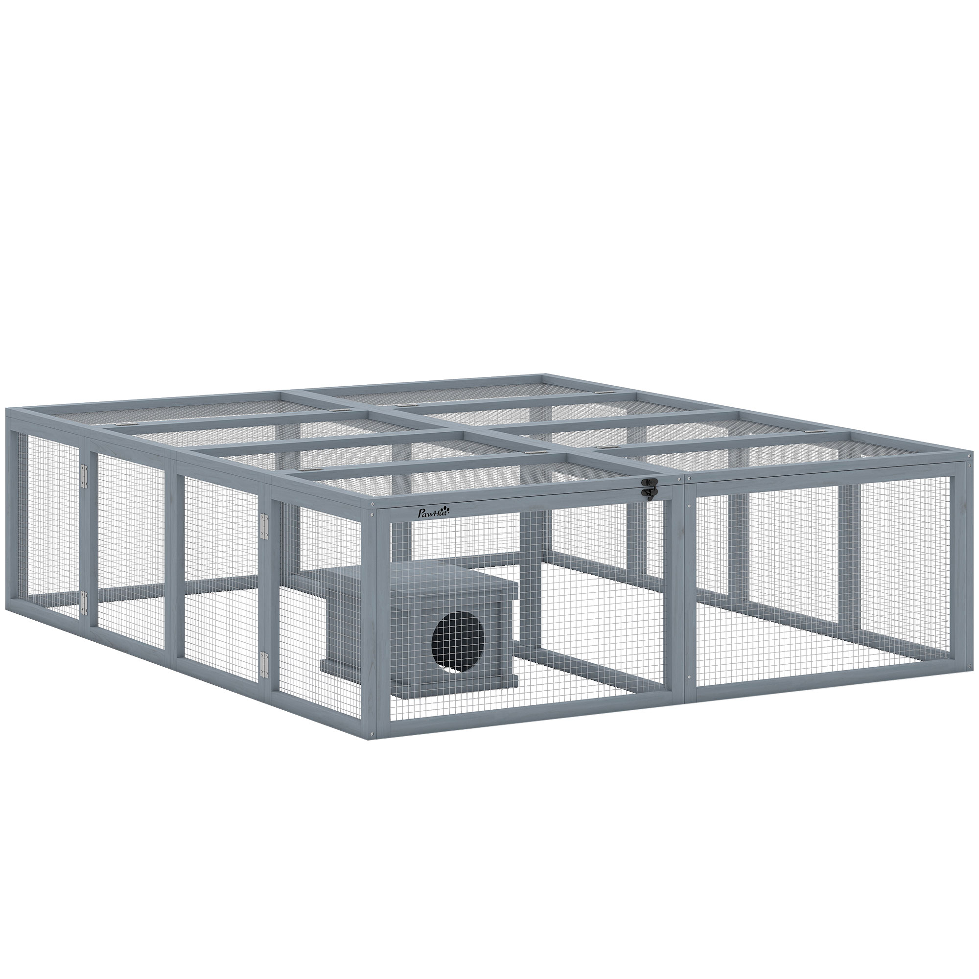 PawHut Freilaufgehege Kaninchenstall aus Holz mit 2 Türen 180,4 x 150 x 48 cm Hasenstall mit Unterschlupfhaus Freigehege für 2-4 Zwergkaninchen Zwergmeerschweinchen Enten Grau   Aosom