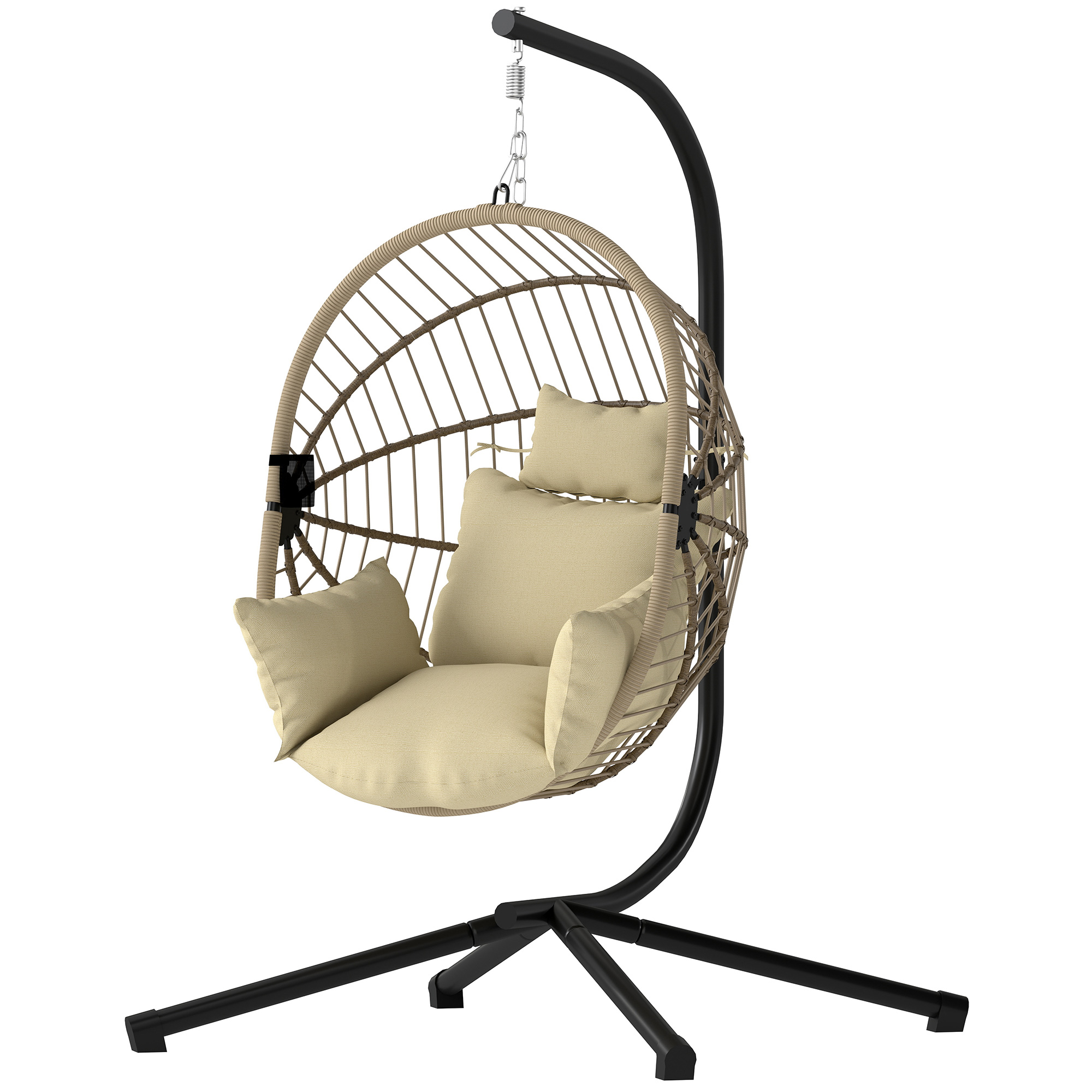 Outsunny Hängesessel, Hänge-Ei-Sessel, Schaukel-Hängestuhl - Klappbarer Korb, Gepolstertes Kissen, Tasche, Kopfkissen, Gemütlicher Hängesessel für Innen und Außen, Kaki   Aosom