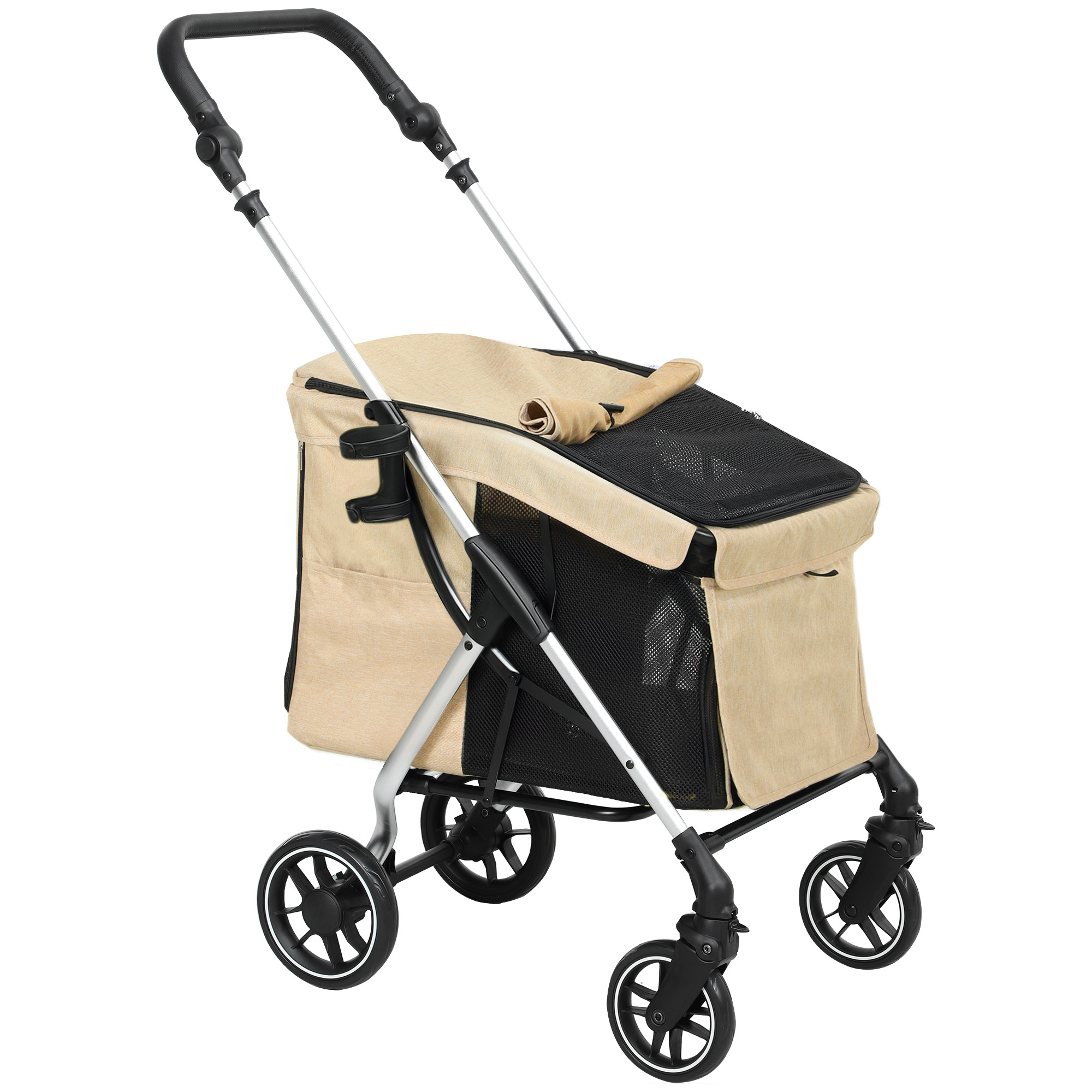PawHut Hundewagen leicht Hundebuggy aus Aluminium klappbar für Hunde & Katzen bis 10 kg Katzenbuggy mit Kissen Netzfenstern Türen Aufbewahrungskorb Katzenwagen Buggy Khaki   Aosom