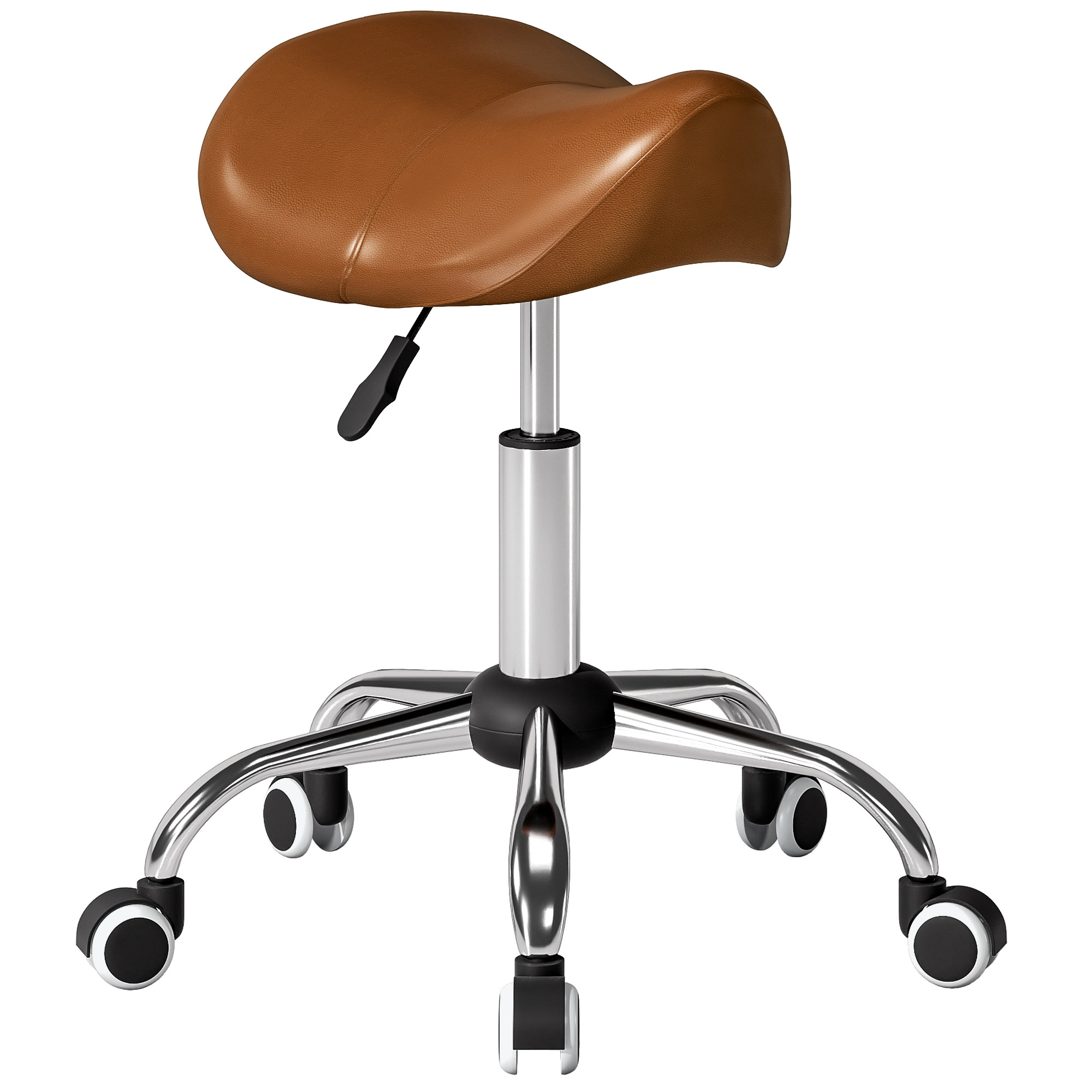 HOMCOM Rollhocker mit Rollen, Massagehocker mit höhenverstellbarer Sitzhöhe 49-61cm und ergonomischem Sattel, drehbarer Arbeitsstuhl 360°, für Massagesalon, Tattoo-Studio, Klinik, Spa, braun   Aosom