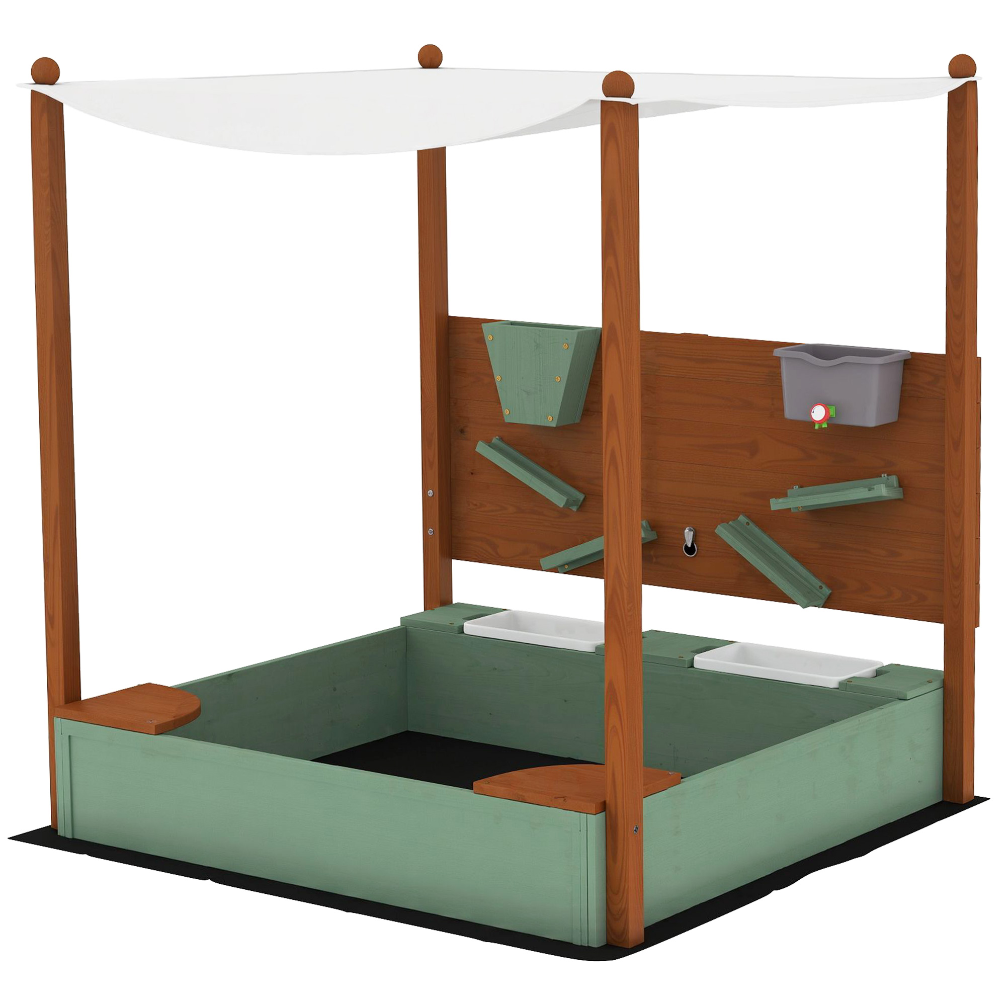 AIYAPLAY Sandkasten mit Dach, 116 x 112,5 cm Sandkiste aus Holz Sandbox mit Sitzfläche, 2 Behältern, Sand- und Wasserspielzeug, Eimer mit Wasserhahn für 3-6 Jahre Kinder Grün   Aosom
