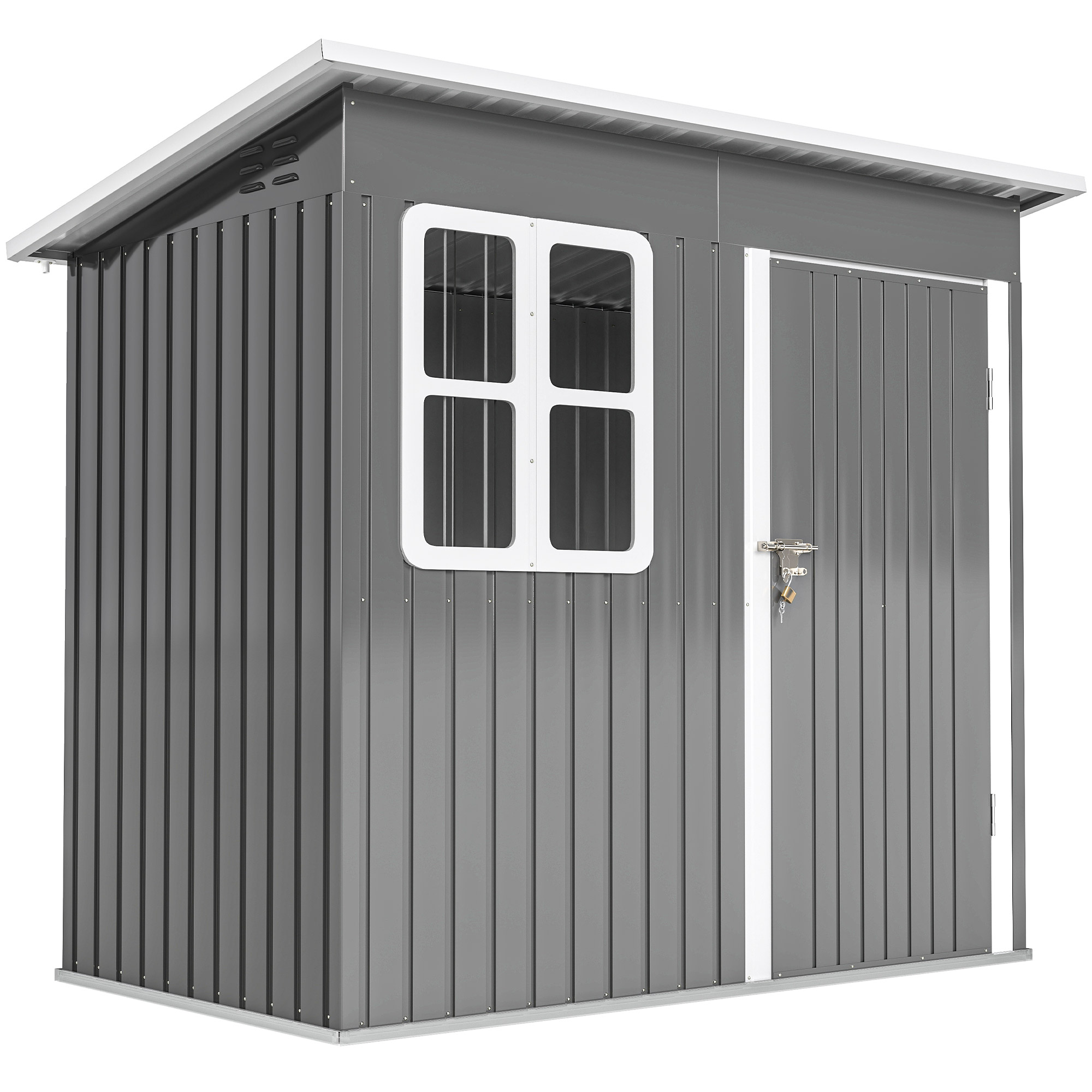 Outsunny Gerätehaus 2,55m², Gartenhaus mit Pultdach, 221 x 133 x 190/173 cm, Geräteschuppen mit Abschließbar Tür, Fenster, Fahrradgarage, Gartenschrank aus Stahl, für Hinterhof, Garten, Dunkelgrau   Aosom