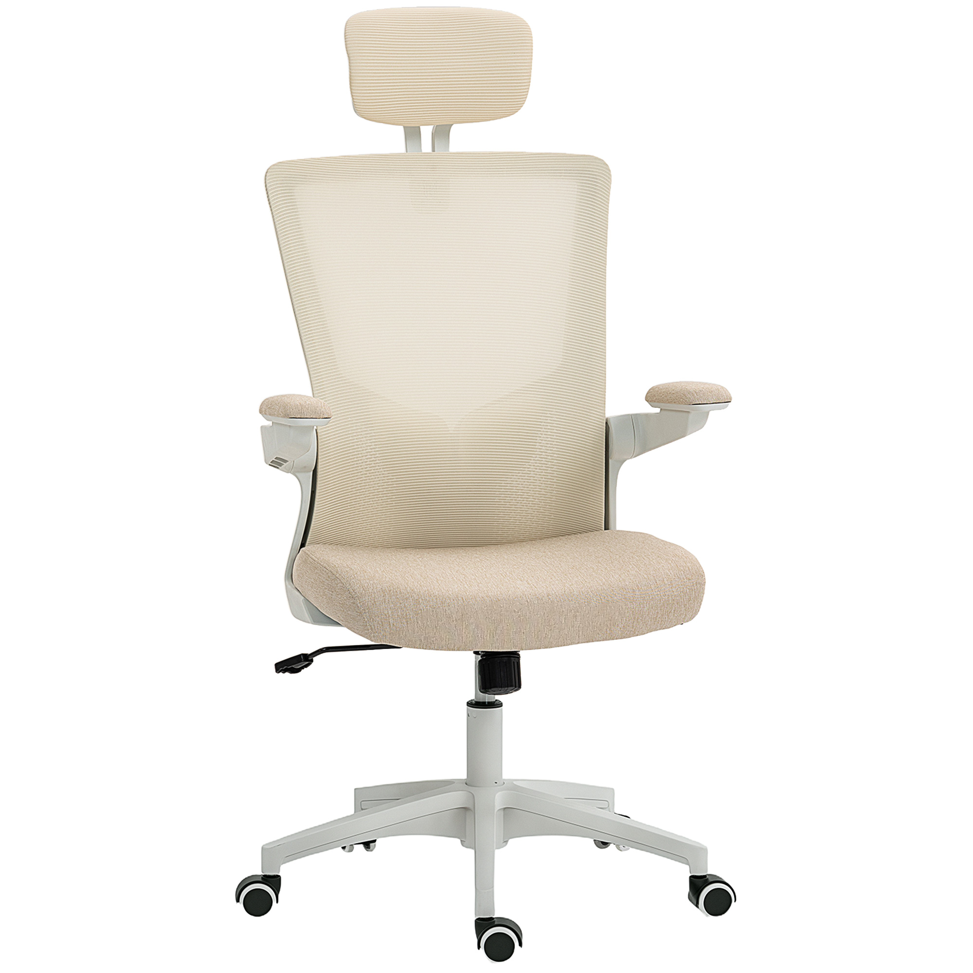 HOMCOM Ergonomischer Bürostuhl, höhenverstellbarer Bürostuhl mit Lendenstütze, Kopfstütze, hochklappbaren Armlehnen, Wippfunktion, 360°-Drehung und Rollen, beige Aosom