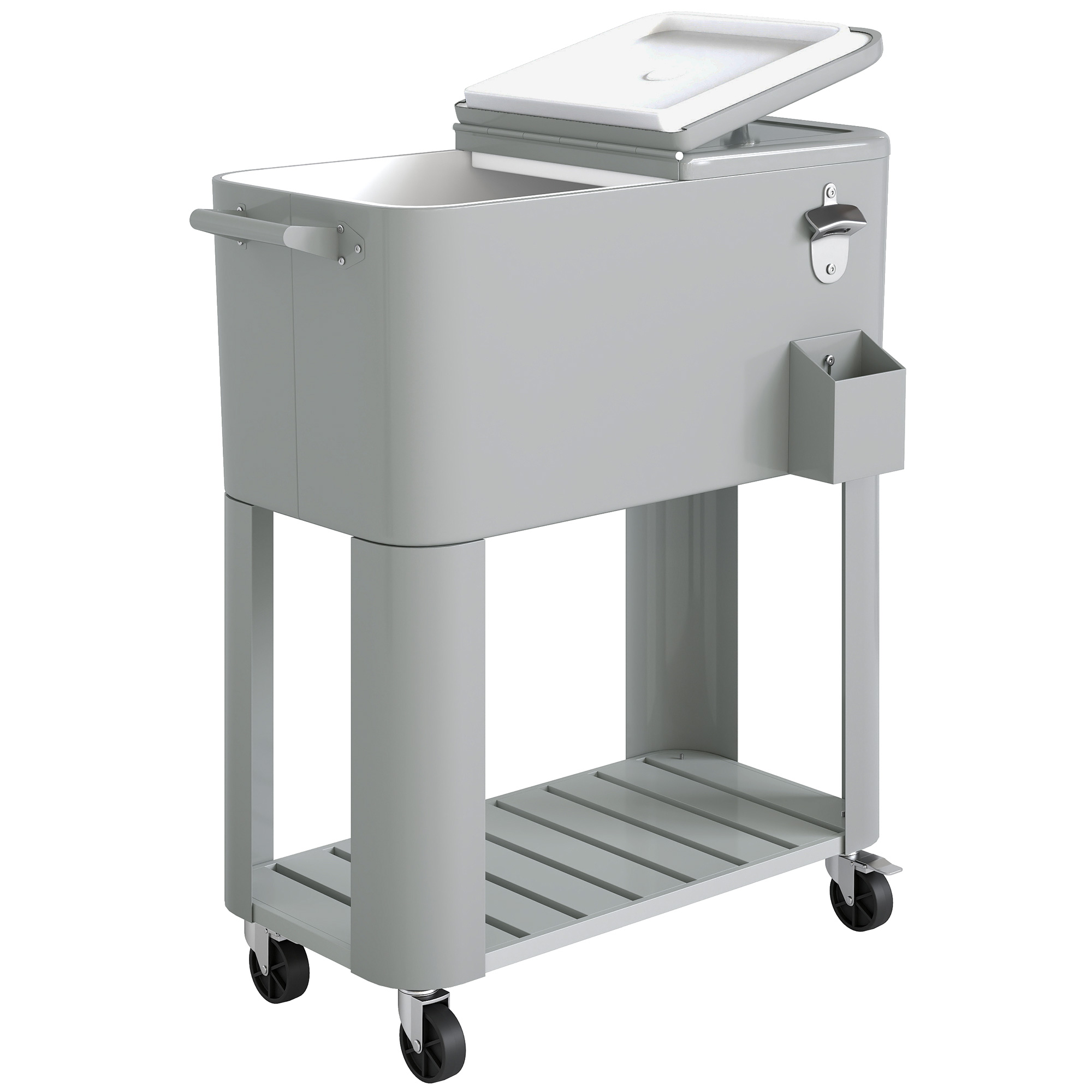 Outsunny Garten-Kühlbox 76L, Garten-Servierwagen mit Ablage, Flaschenöffner, Feststellbare Rollen, Kronkorkensammler, Tragbar für Getränke Bar Garten Hof Partys, Silber   Aosom