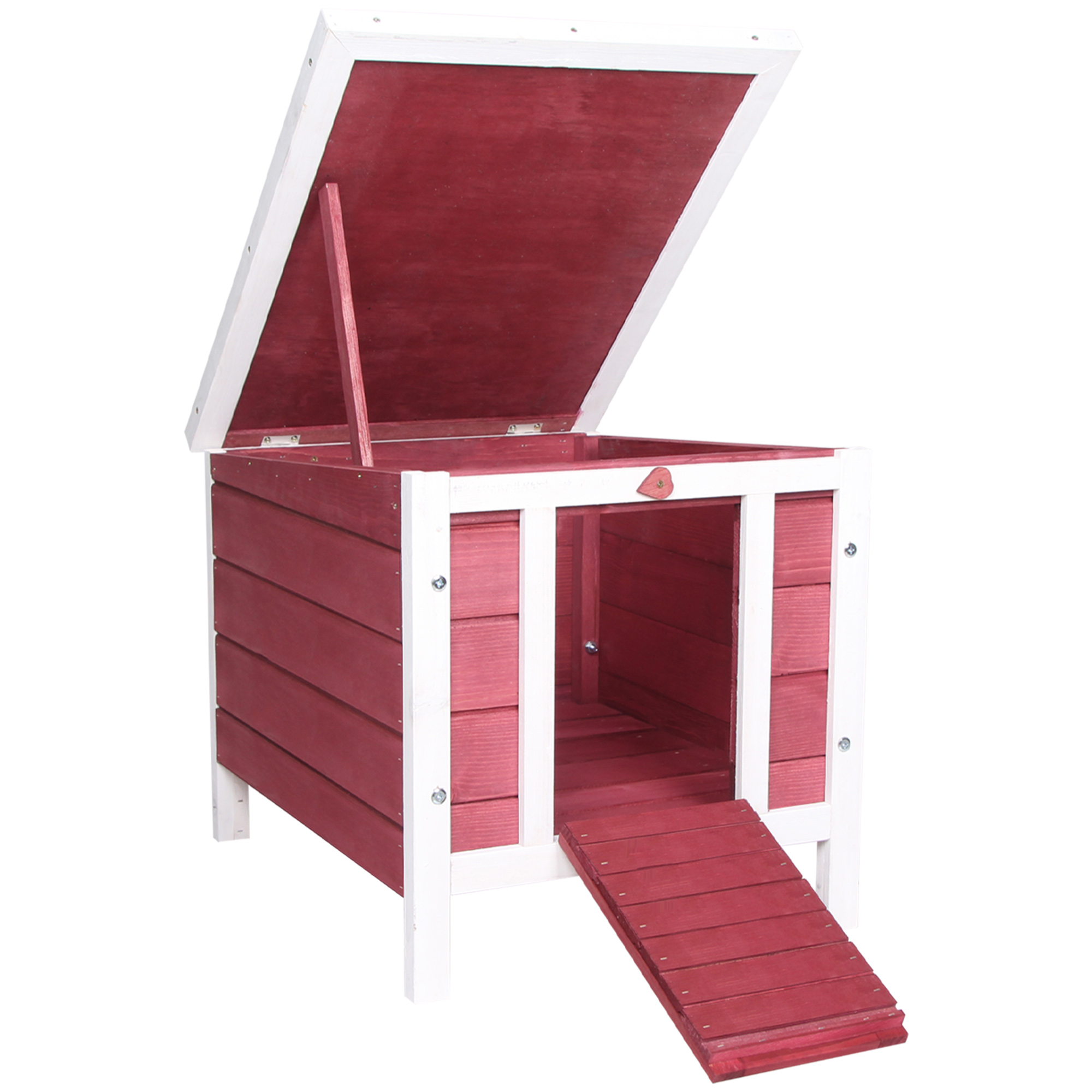 PawHut Kaninchenstall mit Rampe/Tür, aufklappbarem und wasserdichtem Dach - aus Fichtenholz, Maße 51L x 42l x 43H cm, Rot und Weiß   Aosom