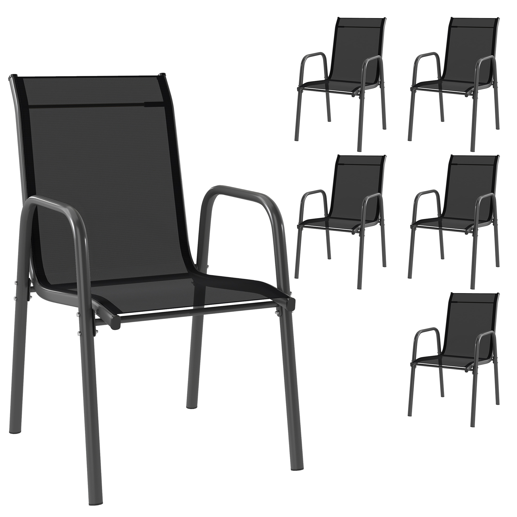 Outsunny 6er-Set stapelbare Gartenstühle aus atmungsaktivem Texteline, Outdoor-Essstühle mit hoher Rückenlehne und Armlehnen, Metall, für Patio, Balkon, Terrasse, Außenbereich, 51x69x87 cm, Schwarz   Aosom