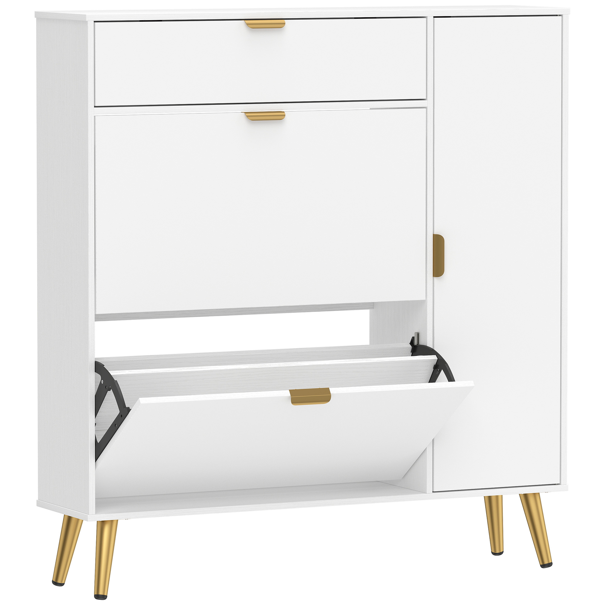 HOMCOM Schuhschrank für 12 Paar, schmaler Schuhschrank, 2 kippbare Schubladen, 4 Fächer, verstellbare Einlegeböden, Front Lederoptik, für Flur und Eingang, 99,4x23,8x106,6cm, weiß   Aosom