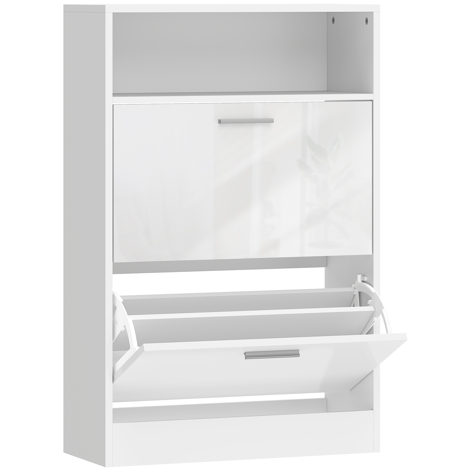 HOMCOM Schuhschrank für 8 Paar, schmaler Schuhschrank 2 Klapptüren Hochglanz, verstellbare Ablagen und offenes Fach, für Flur und Eingangsbereich, 59 x 24 x 90 cm, weiß   Aosom