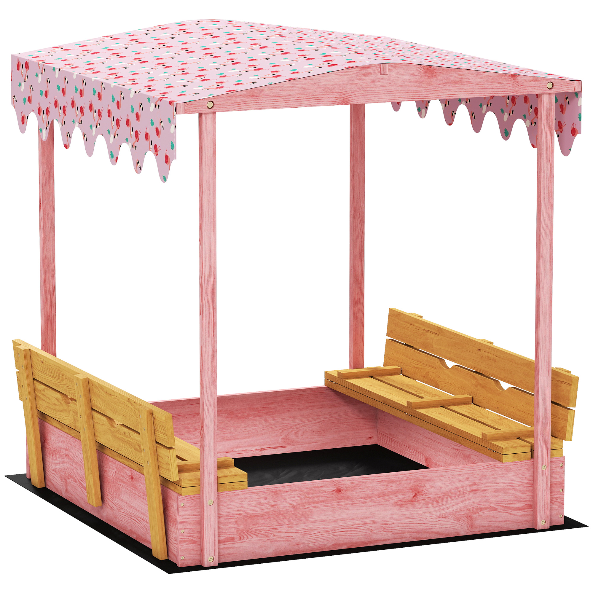 AIYAPLAY Sandkasten für Kinder 3-6 Jahre mit Flamingo-Überdachung, klappbare Sitzbänke, Deckel und Einsatz, Sandkasten aus Fichtenholz, 134.5x127.5x130 cm, Rosa   Aosom