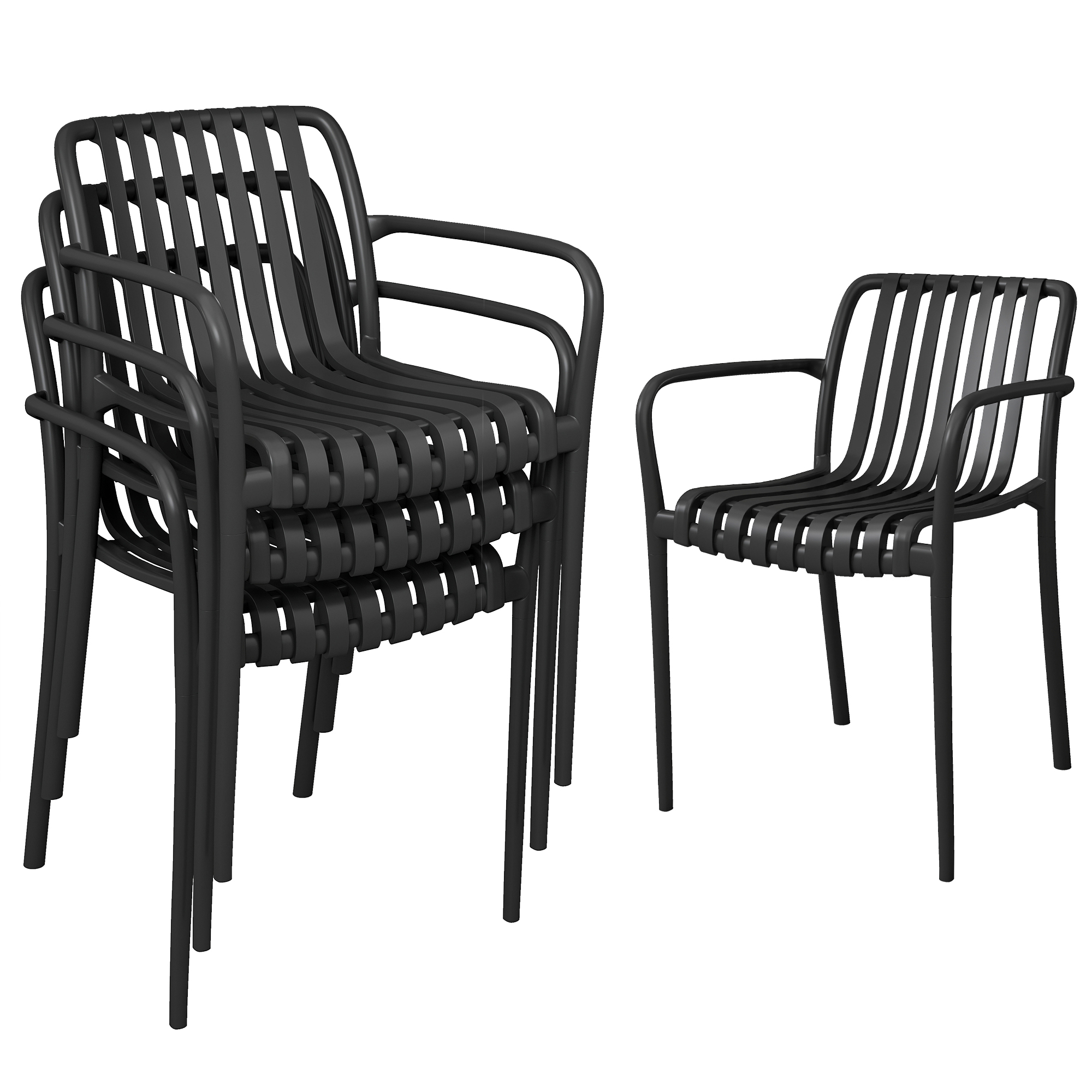 Outsunny 4er-Set Gartenstühle, stapelbare Stühle mit geschwungener Rückenlehne und Armlehnen, Esszimmerstuhl für Garten Pool Terrasse, Schwarz   Aosom