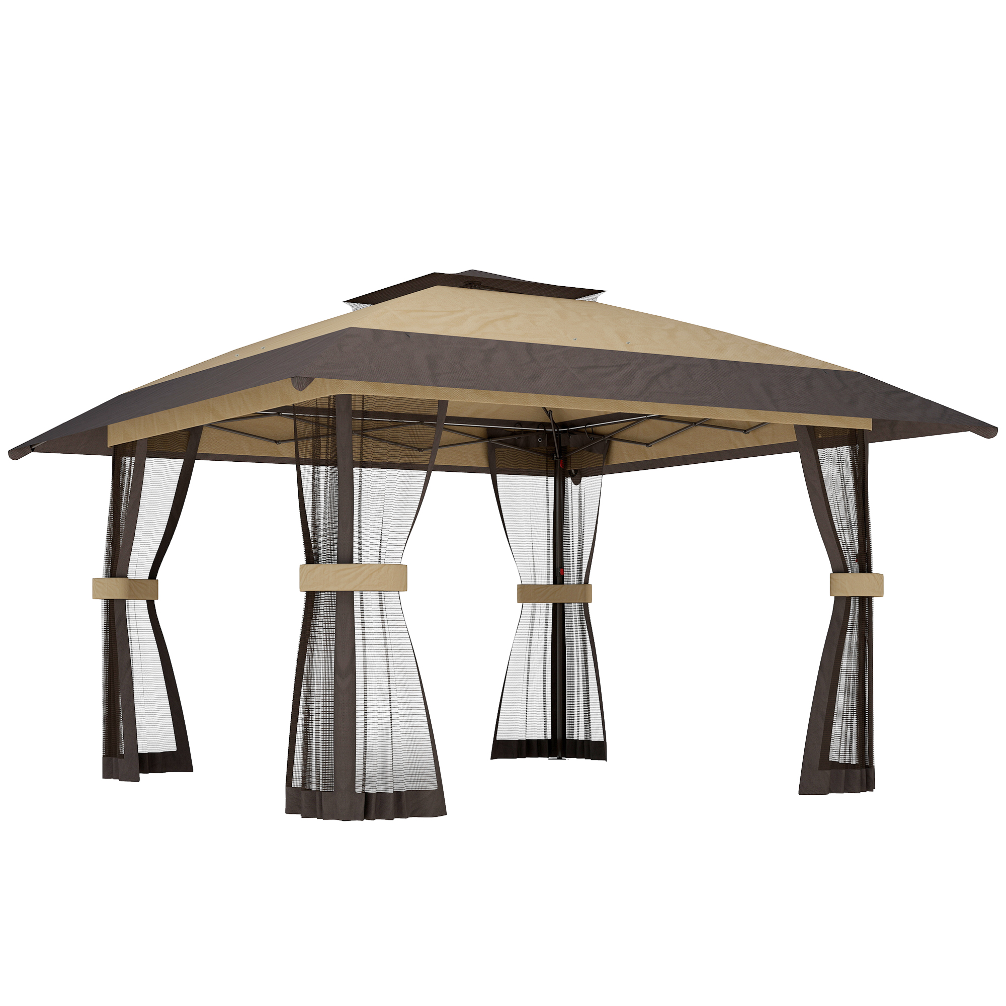 Outsunny Faltpavillon 4x4 m Pop-up mit 4 seitlichen Moskitonetzen, höhenverstellbarer Gartenpavillon mit Doppel-Dach, Tragetasche, Sandsack, UV30+, für Außen und Feiern, Khaki Braun Aosom