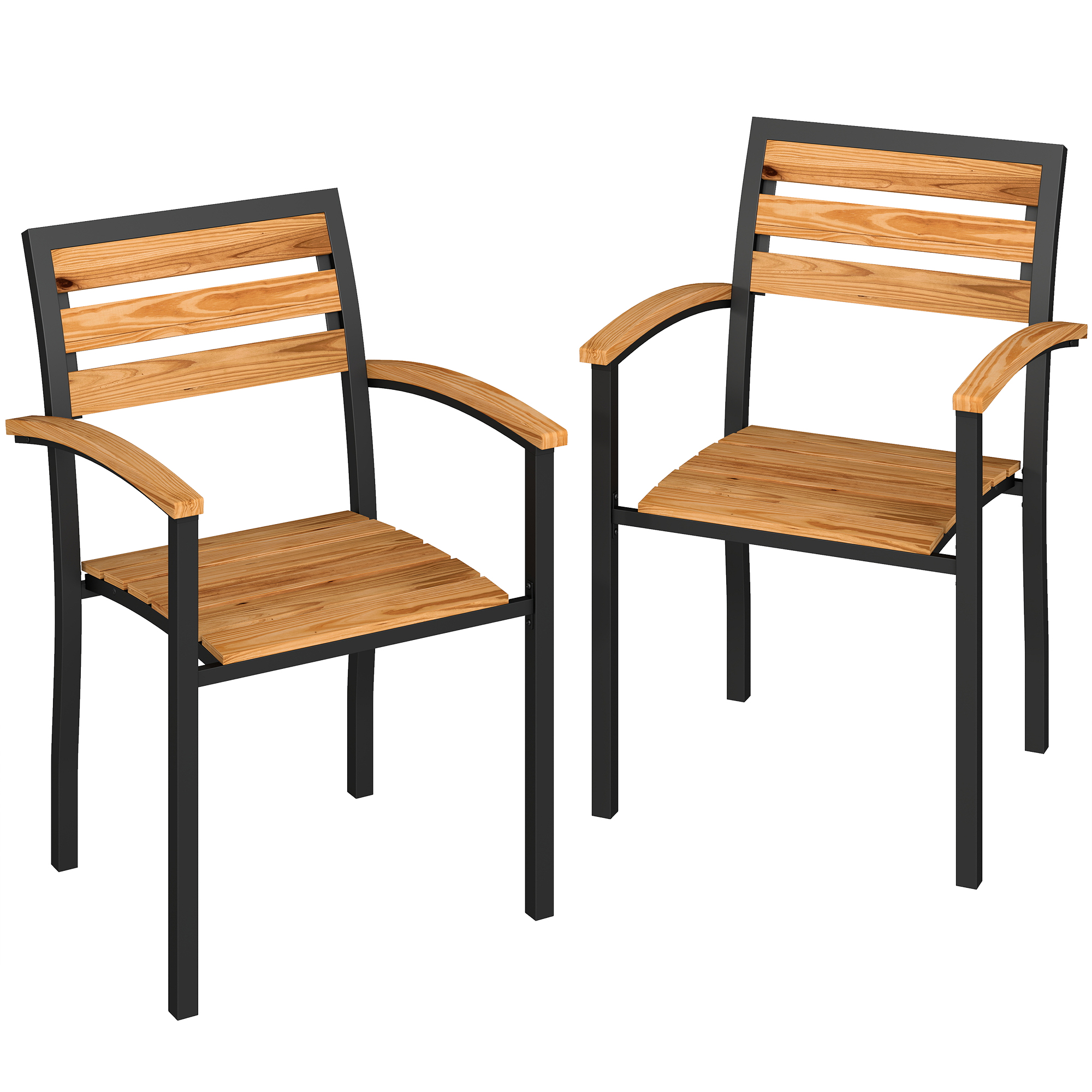 Outsunny Set 2 stapelbare Gartenstühle aus Lärchenholz, Outdoor-Essstühle aus Stahl mit Armlehnen, Latten-Rückenlehne, für Patio Balkon Terrasse Außen, 56x59x84 cm, Holzfarbe   Aosom