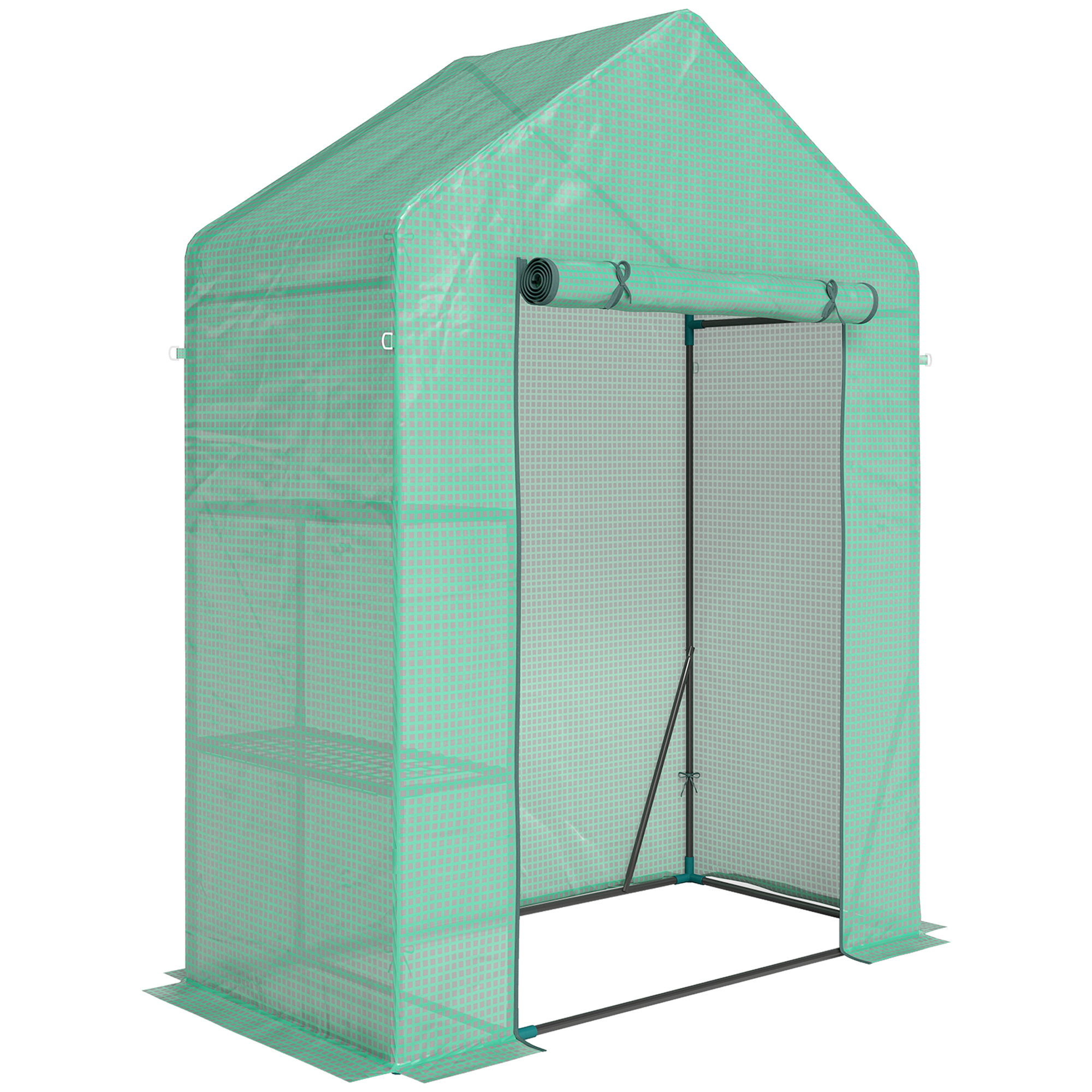 Outsunny Garten-Gewächshaus mit aufrollbarer Tür und 2 Ablageböden, Gewächshaus für Garten mit Stahlrahmen und PE-Abdeckung, für Pflanzen, Gemüse, Blumen, Obst, UV-beständig, 143x73x195 cm, Grün   Aosom