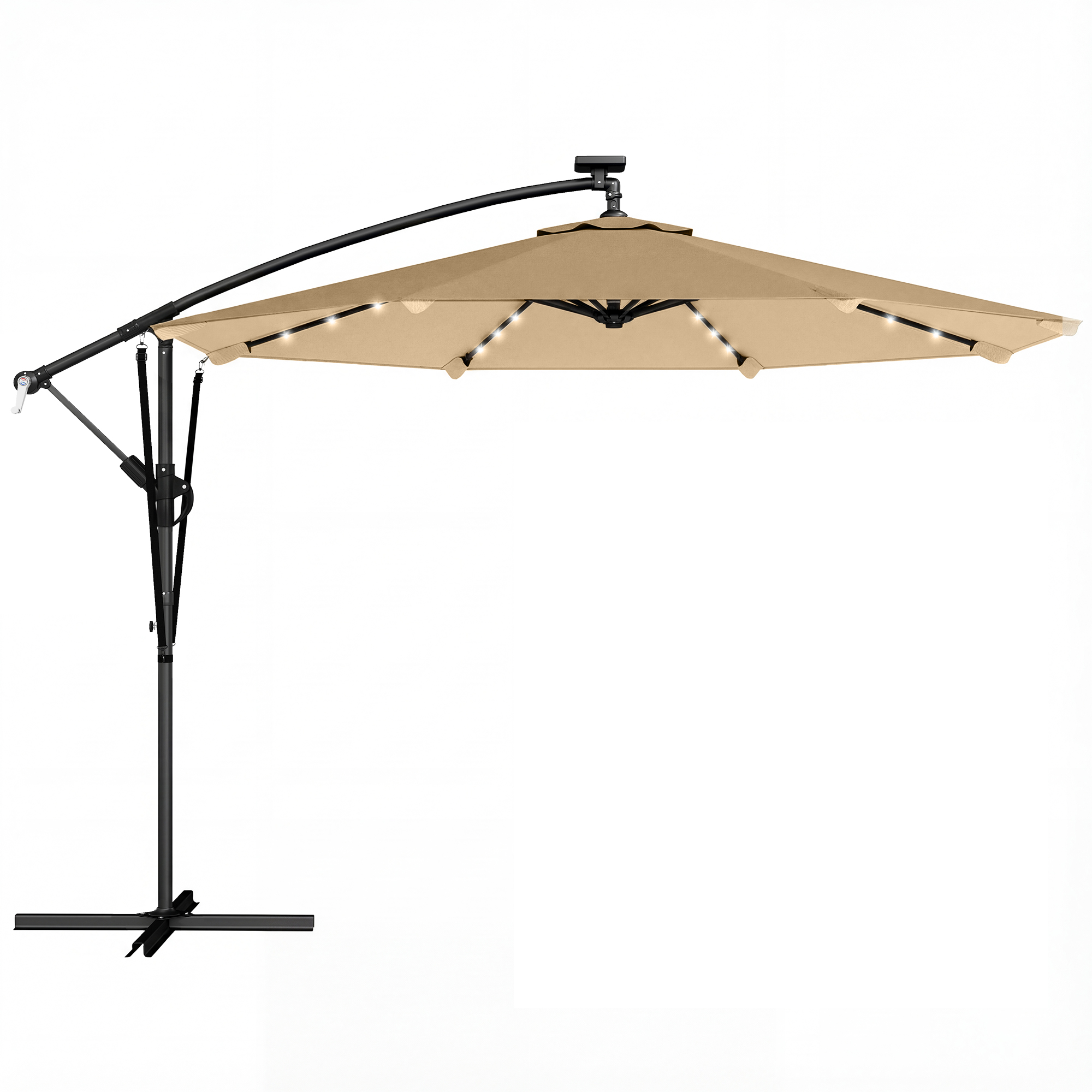 Outsunny Dezentraler Sonnenschirm 3x3m mit Solar-LEDs, Kreuzfuß, Kurbel, Aluminium-/Polyester-Sonnenschirm mit Schutzhülle, für Pool, Hof, Terrasse, Khaki   Aosom