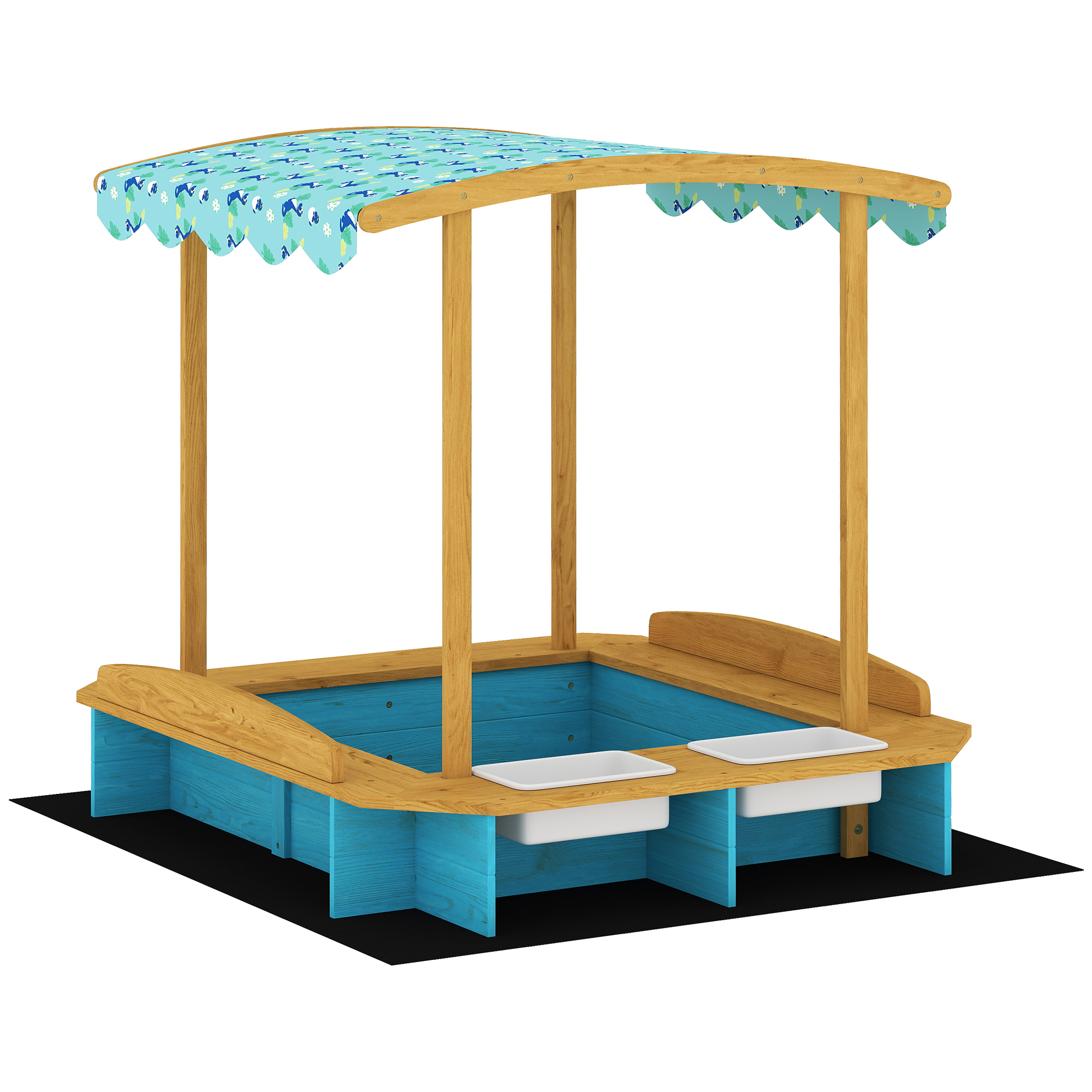 AIYAPLAY Sandkasten aus Holz mit Dach, Kindersandkasten mit 3 Bänken, 2 PP-Boxen, Unterlage, Sandkasten für Kinder 3-6 Jahre, für Terrasse, Garten, Balkon, 128x118x121 cm, Blau   Aosom
