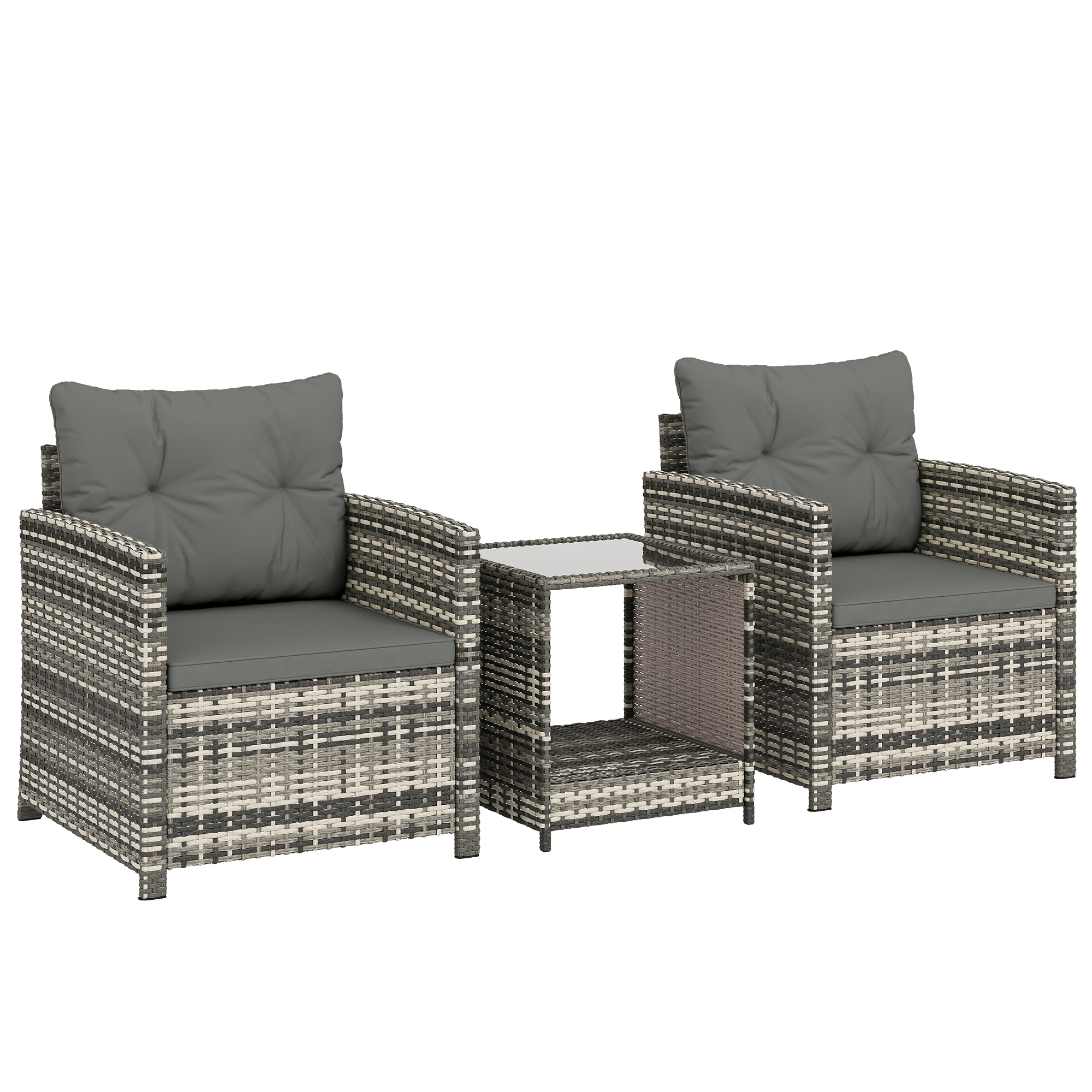 Outsunny Gartenlounge 3-teilig aus Geflecht, Gartentisch mit Ablage, 2 Sessel mit waschbaren Kissen, Gartenmöbel für Balkon Terrasse Patio, Hellgrau   Aosom