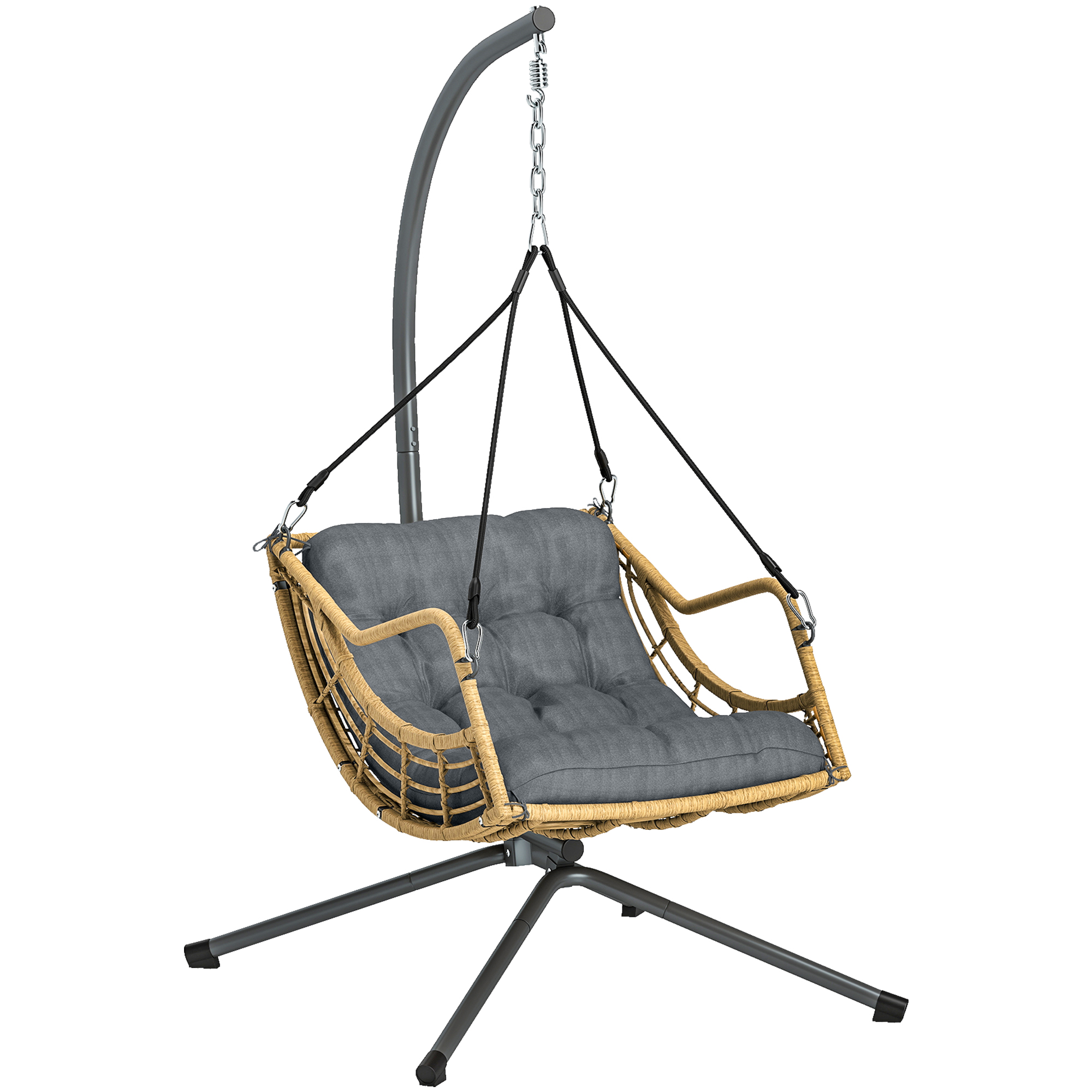 Outsunny Hängesessel aus Polyrattan mit Gestell, Hängestuhl, Schaukelstuhl mit Kissen und Sicherheitsbefestigung, höhenverstellbar, Stahlgestell, Innen & Außen, grau Aosom