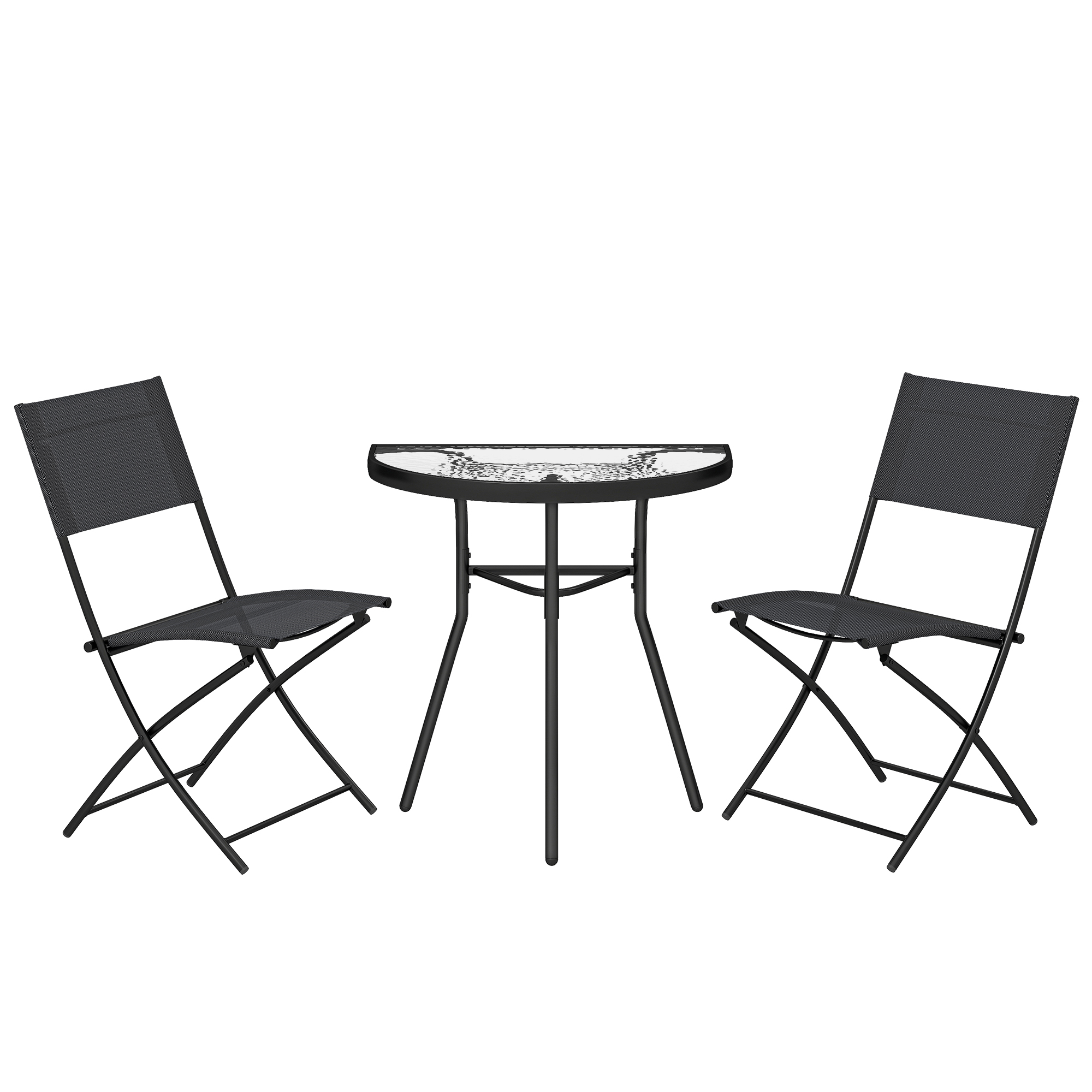 Outsunny Bistro-Garten-Set 3-teilig, Terrassenmöbel mit halbkreisförmigem Tisch, 2 Klappstühle, Mesh, Metallgestell, ideal für Balkon, Terrasse, Garten, Schwarz Aosom