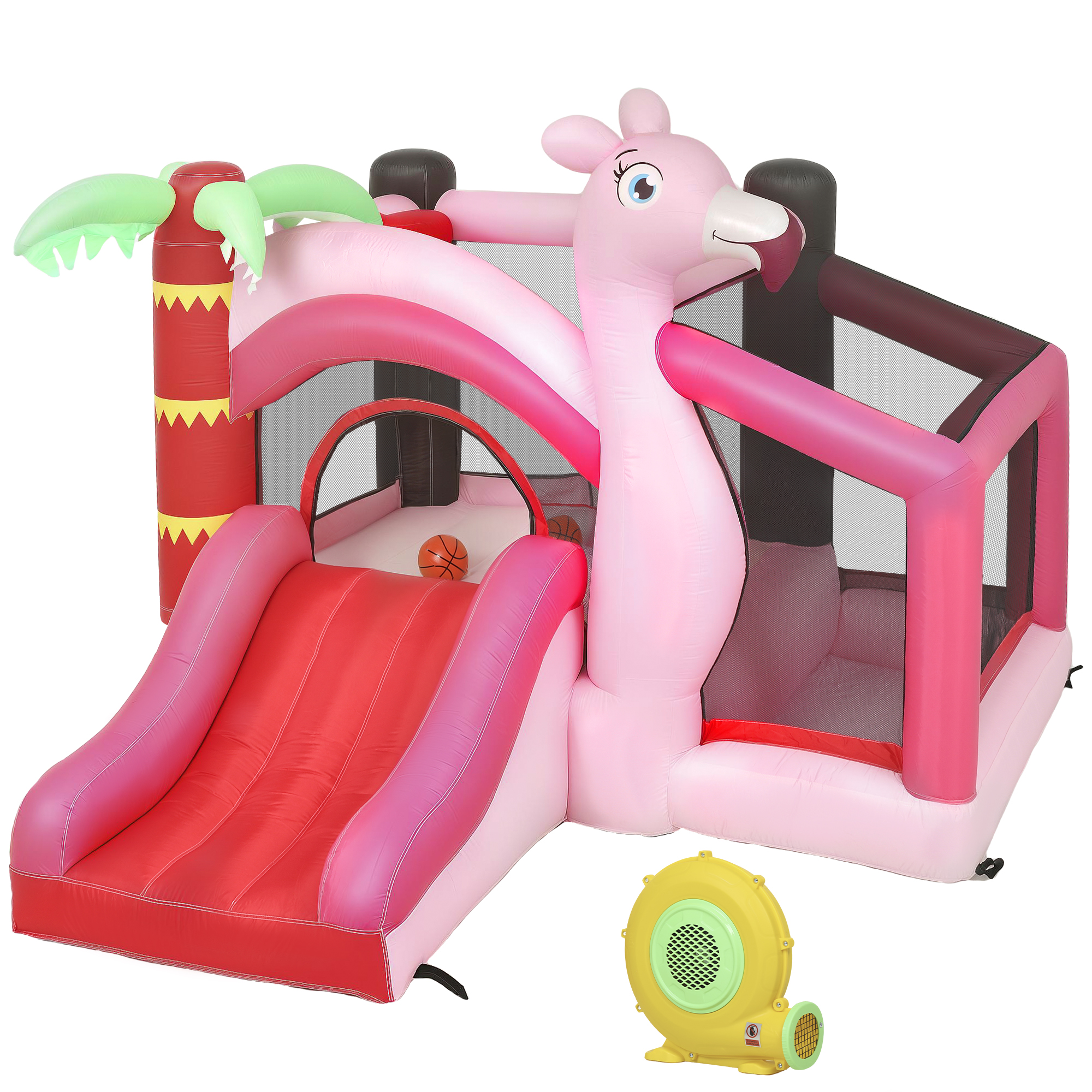 AIYAPLAY Hüpfburg für Kinder mit Gebläse, Hüpfburg mit Rutsche, Trampolin, Bällebad, Basketballkorb, Flamingo-Design, Innen und Außen, 255x230x196 cm Aosom