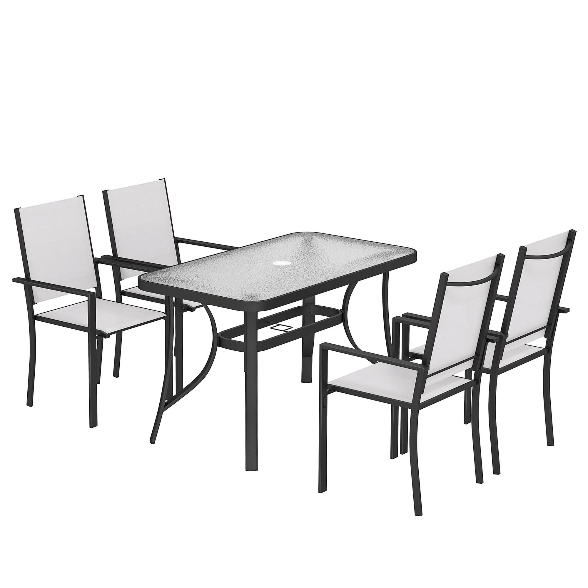 Outsunny 5‑teiliges Garten-Set mit Tisch und Stühlen, Garten-Essgruppe mit 4 stapelbaren Texteline-Stühlen, Tisch aus gehärtetem Glas, Schirmloch, Stahlgestell für Terrasse/Balkon, Hellgrau   Aosom