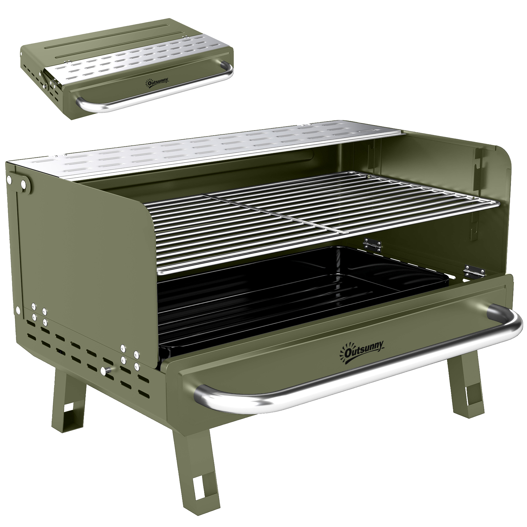 Outsunny Faltbarer Holzkohlegrill, tragbarer Grill, 52x37x31,8 cm, mit verstellbarem Grillrost, klappbarer Seitenablage und herausnehmbarer Kohleschale, für Camping, Picknick, Gartenparty, Grün Aosom