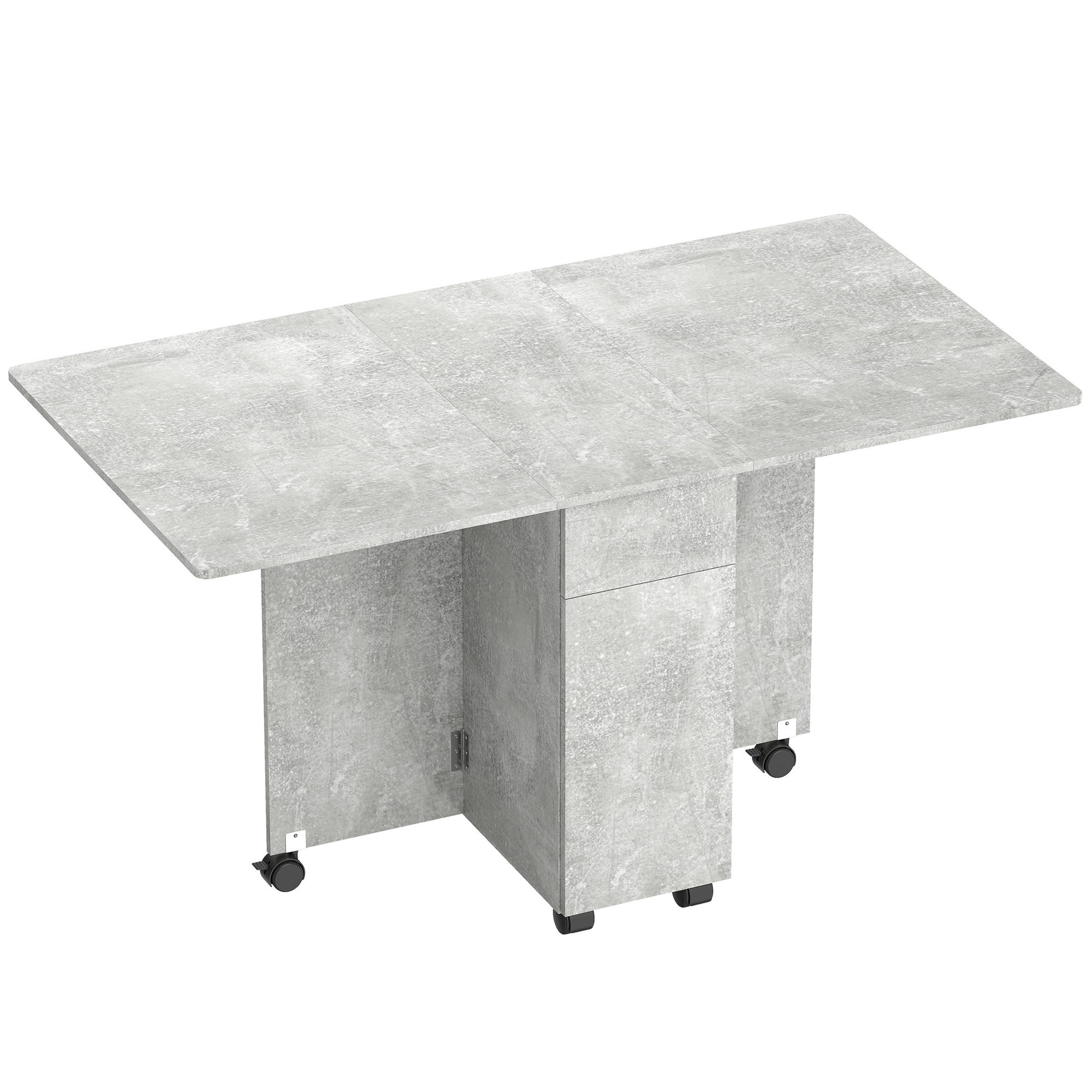 HOMCOM Klappbarer Esstisch, Klapptisch mit Feststellrollen für 6 Personen, zusammenklappbarer Tisch mit 2 Schubladen, 2 Türen und Schrank, für Wohnzimmer, 140x76x74A cm, Zementgrau   Aosom