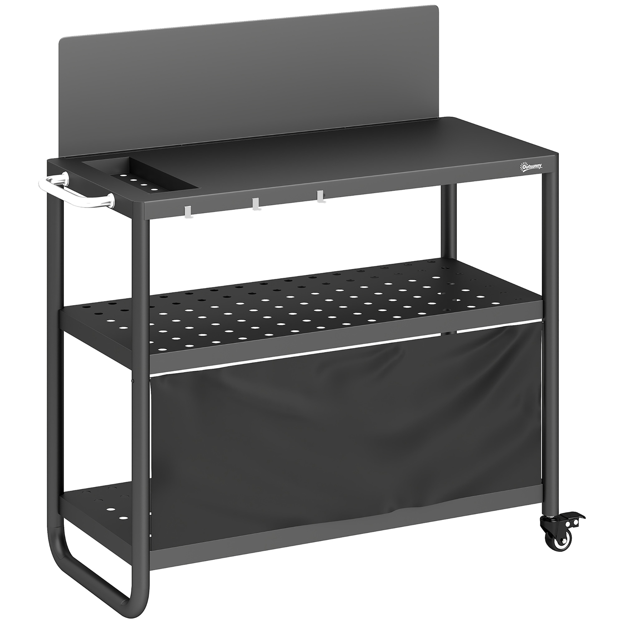 Outsunny Grillwagen aus Stahl 100x46x110cm mit Windschutz - Mobiler Garten-Servierwagen 3 Ebenen mit Oxford-Vorhang - Kochstation für Plancha und Pizzaofen mit Stauraum, Schwarz   Aosom