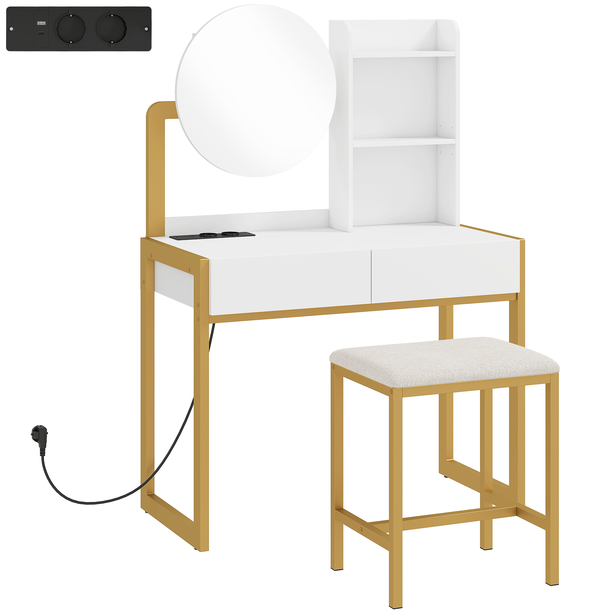 HOMCOM Schminktisch mit Spiegel und Hocker, Ladestation, Schminktisch mit 2 Schubladen, 3 offenen Regalen, gepolsterter Sitz, Metallrahmen, für Schlafzimmer, weiß   Aosom