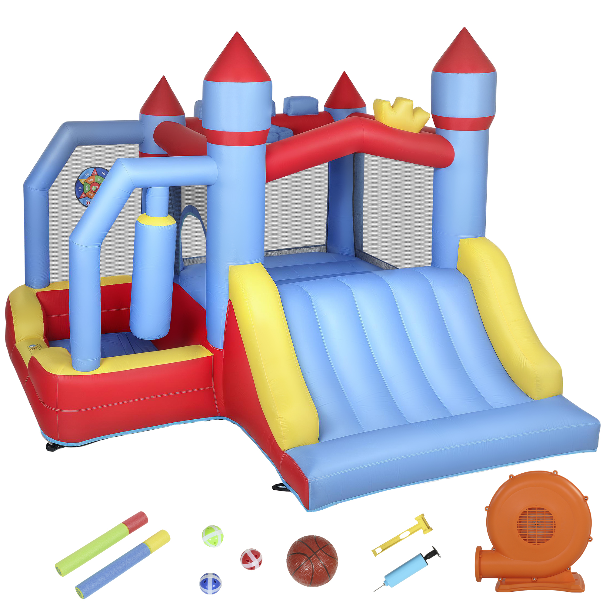AIYAPLAY Aufblasbares Schloss 5-in-1 mit Gebläse, Wasserspaß & Spielpark für Kinder 3-8 Jahre – Rutschen, Trampolin, Bällebad, Basketballkorb, Prallpfosten, Innen/Außen Aosom