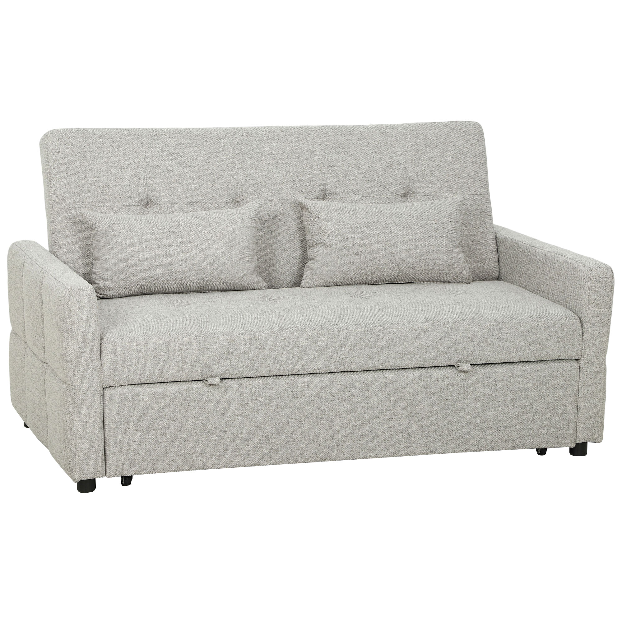 HOMCOM 2‑Sitzer-Schlafsofa 3‑in‑1, Klick-Klack-Schlafsofa 137x180cm, Ausziehbett, verstellbare Rückenlehne, 2 Kissen, breite Sitzfläche, Leinenoptik-Stoff, für Wohnzimmer, Wohnung, kleiner Raum, hellbraun Aosom